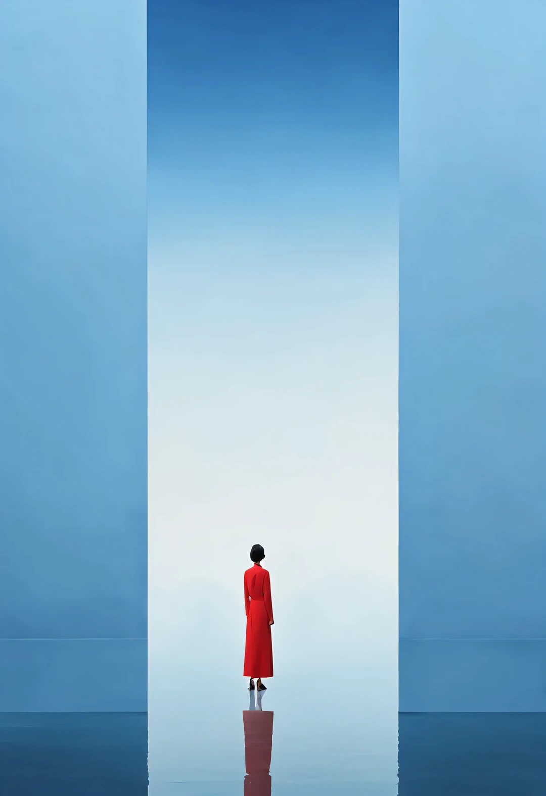 Simple composition ancient Chinese red city wall gate，A woman in red is standing there，like walking into the city gate，Looking at the blue sky in the distance，blue aqua chinese red indigo， reflection，diffusion gradient，Liu Ye，Sense of space ，sense of lines，translucent，matte texture，chenjialing，Ando，Liu Ye，Minimalism