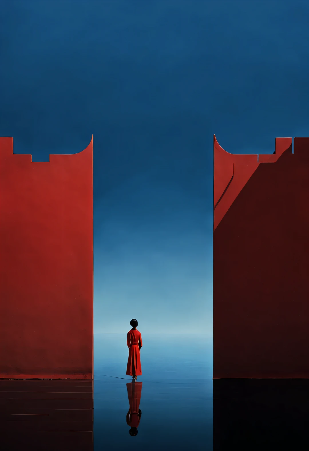 Simple composition ancient Chinese red city wall gate,A woman in red is standing there,like walking into the city gate,Looking at the blue sky in the distance,blue aqua chinese red indigo, reflection,diffusion gradient,Liu Ye,Sense of space ,sense of lines,translucent,matte texture,chenjialing,Ando,Liu Ye,Minimalism