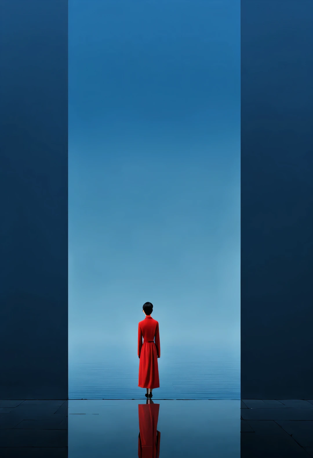 Simple composition ancient Chinese red city wall gate,A woman in red is standing there,like walking into the city gate,Looking at the blue sky in the distance,blue aqua chinese red indigo, reflection,diffusion gradient,Liu Ye,Sense of space ,sense of lines,translucent,matte texture,chenjialing,Ando,Liu Ye,Minimalism