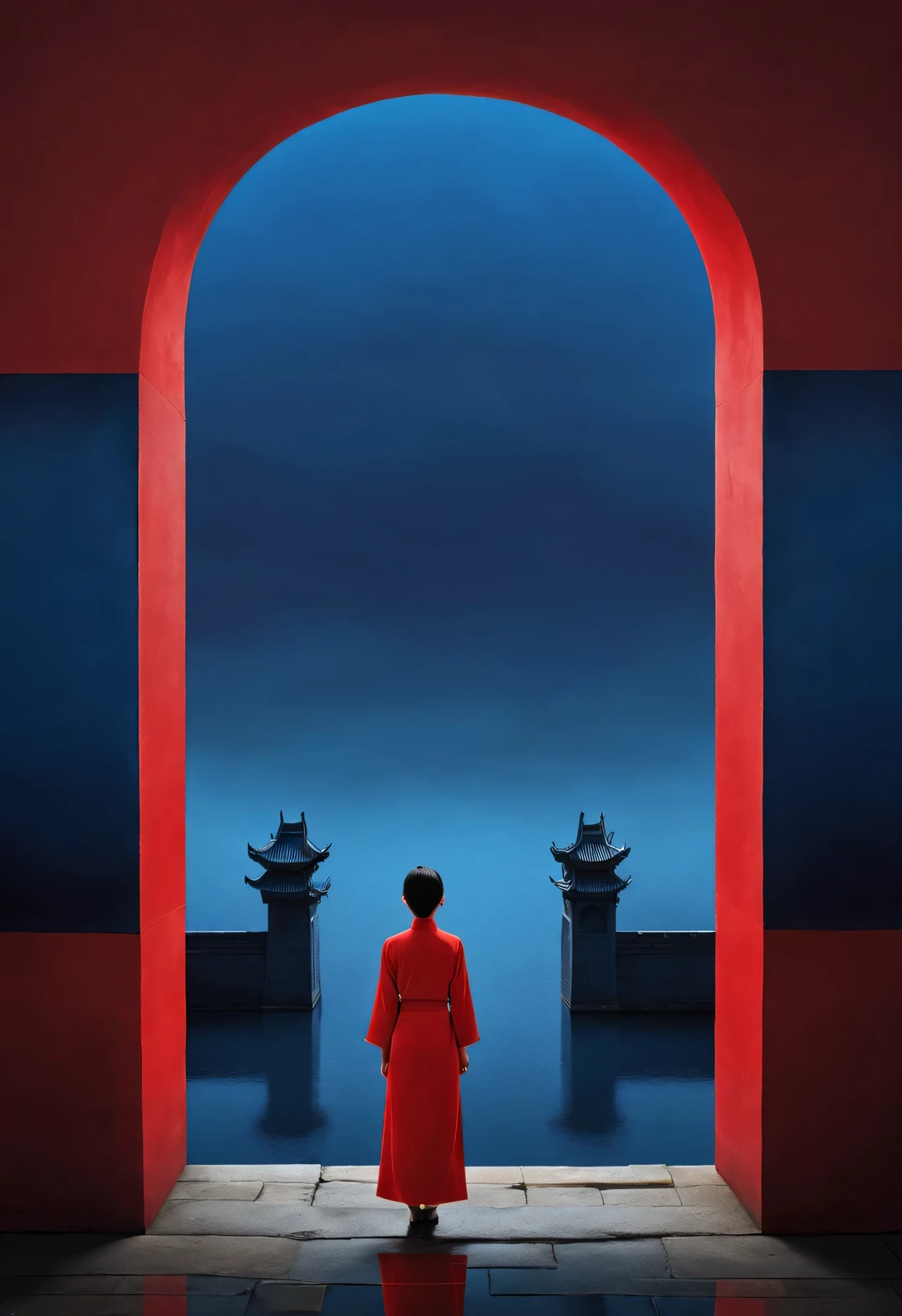 Simple composition of ancient Chinese red city gate，A woman in red stands in front of the city gate，As if looking at the blue sky in the distance，Rear view，Behind the woman is blue water and indigo， reflection，diffusion gradient，Liu Ye，Sense of space ，sense of lines，translucent，matte texture，chenjialing，Ando，Liu Ye，Minimalism