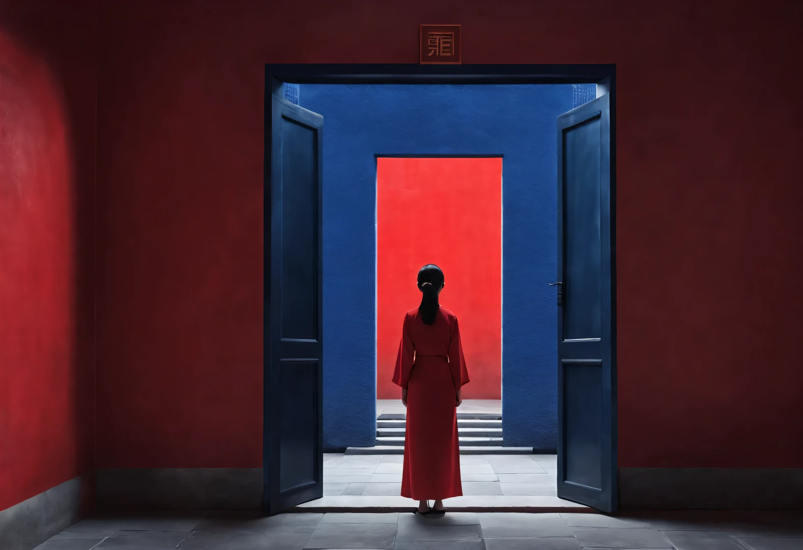 Minimalist composition of ancient Chinese red city gate and tower,A woman stands in front of the door,Rear view,
Chinese red indigo, reflection,diffusion gradient,Liu Ye,Sense of space ,sense of lines,translucent,matte texture,chenjialing,Ando,Liu Ye,Minimalism