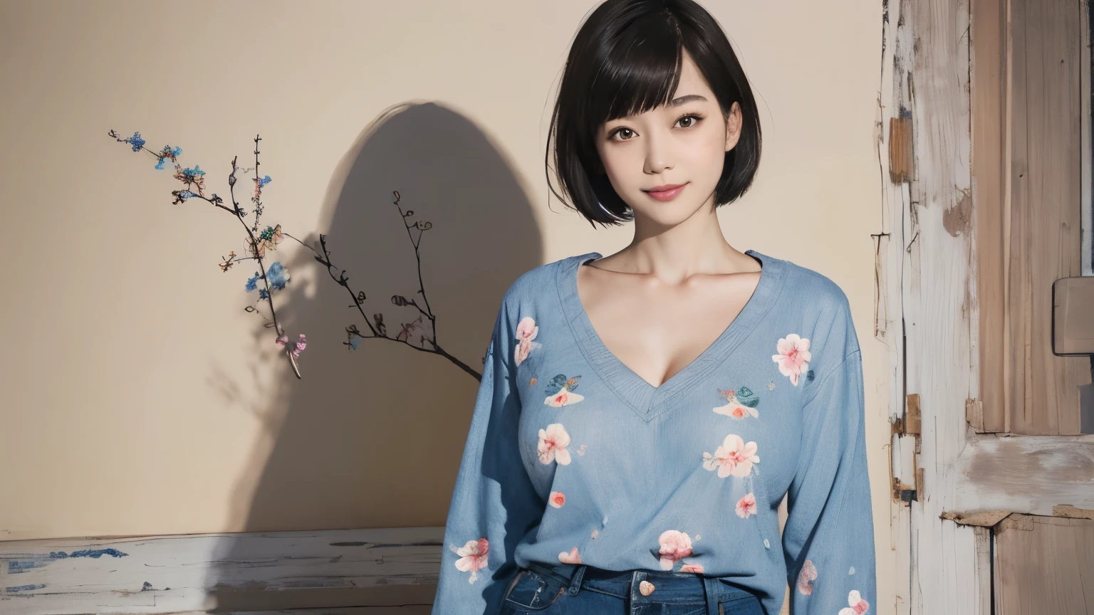 156
(Shorthair:1.46), (a 20 yo woman, standing), (A hyper-realistic), (Masterpiece), (8KUHD), (gentle smile), Slender waist, Wearing jeans, ((Floral Clothing - T-Shirts)), Wearing long pants, abstract splash painting, (doodle:1.46), (breasts:1.46), (口紅)