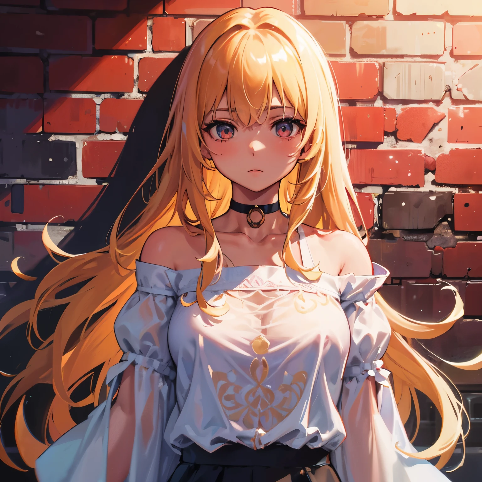 Ultra-realistic 8k CG, masterpiece, ((super detailed background, delicate pattern, intricate details)), highest quality, intricate detailss, chromatic aberration, 1 girl, long hair, golden hair, messy hair, red highlights, hair above one eye, clear eyes, choker, brick wall, graffiti, dim lighting, alley, oversized shirt,off shoulder, see through White shirt, masterpiece, highest quality