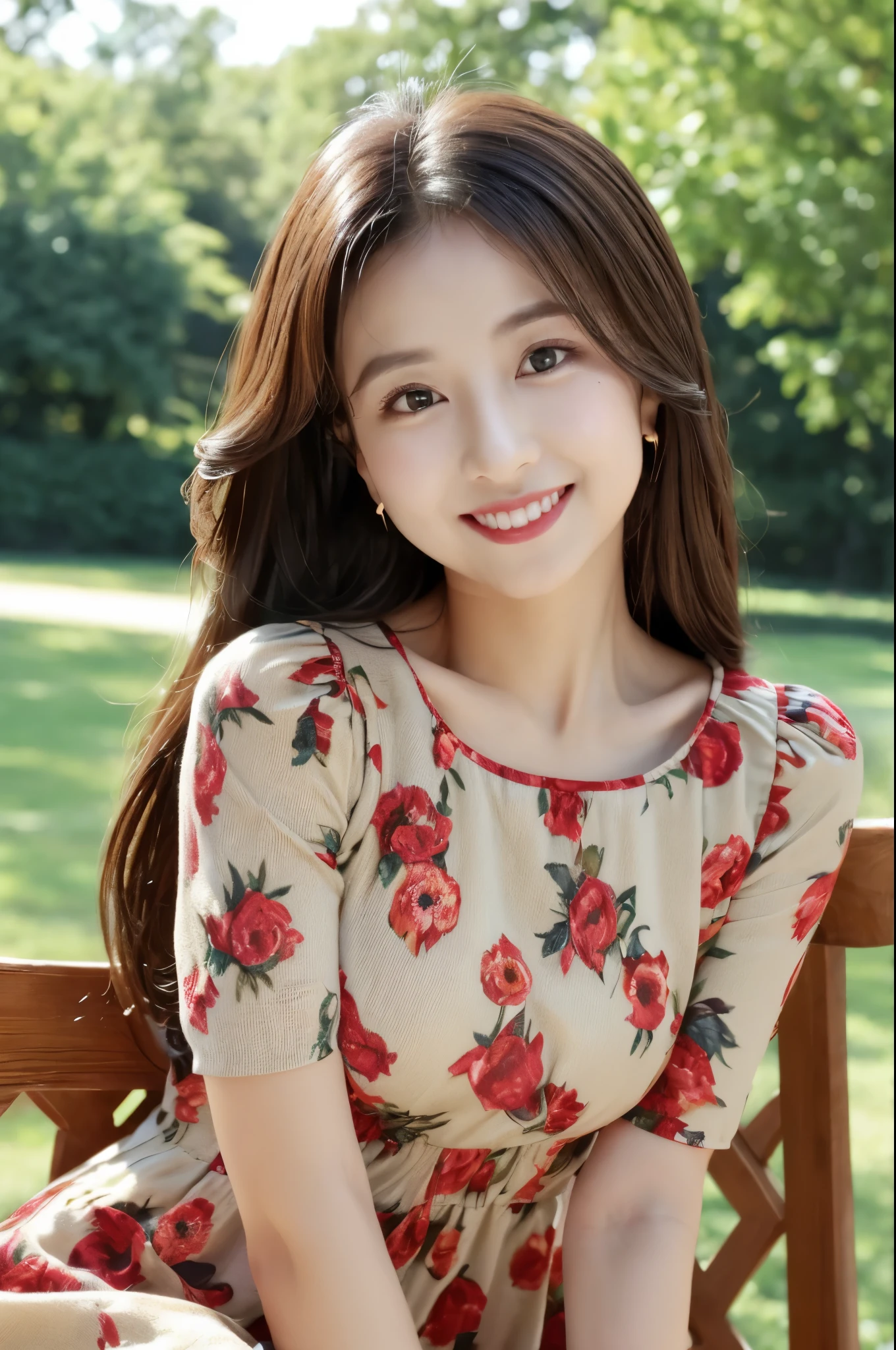((Top quality, 8K, Masterpiece: 1.3)), Beauty, Pure, Melon face, Kind and cute, Sweet smile, Pure desire, Slender body, (Front), (Tilted head), ((Looking at camera)) , wearing a patterned dress, black silky long hair, long shoulders, round black big eyes, clear big eyes, moist red lips, sweet, sitting on a chair, park background, (((whole body))),
