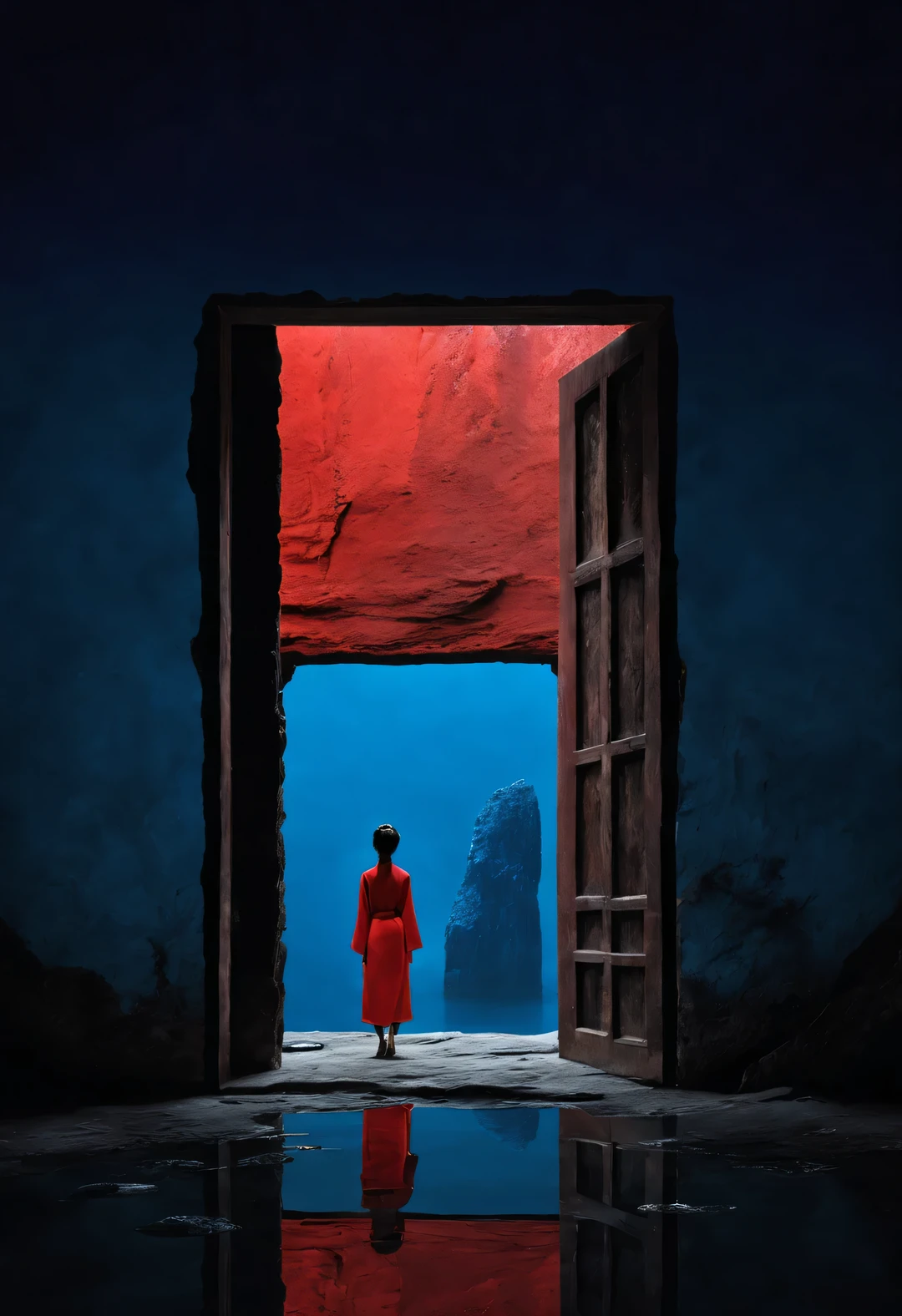 Minimalist composition of ancient Chinese red city gate，A woman in red stands at the door，As if looking at the blue sky in the distance，Rear view，Behind the woman is blue water and indigo， reflection，diffusion gradient，Liu Ye，Sense of space ，sense of lines，translucent，matte texture，chenjialing，Ando，Liu Ye，Minimalism