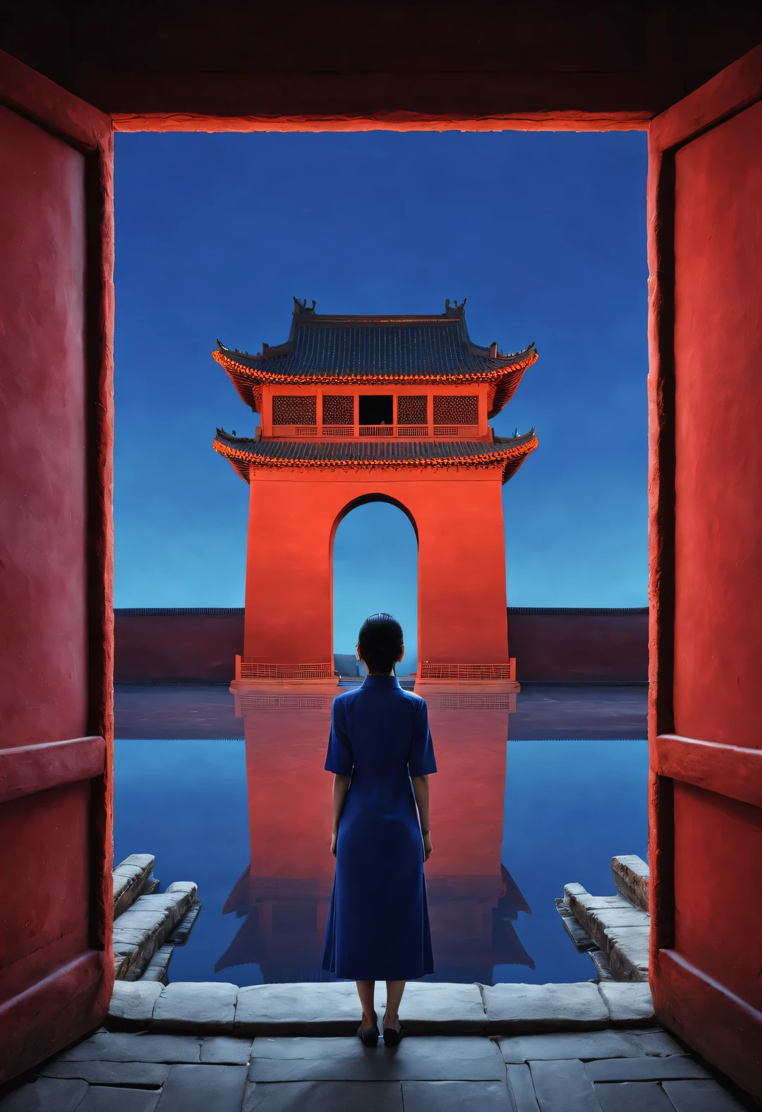 minimalist composition,一个女人站在中国古老的红色城Door塔上,Door,Rear view,background:indigo sky china red indigo, reflection,diffusion gradient,Liu Ye,Sense of space ,sense of lines,translucent,matte texture,chenjialing,Ando,Liu Ye,Minimalism