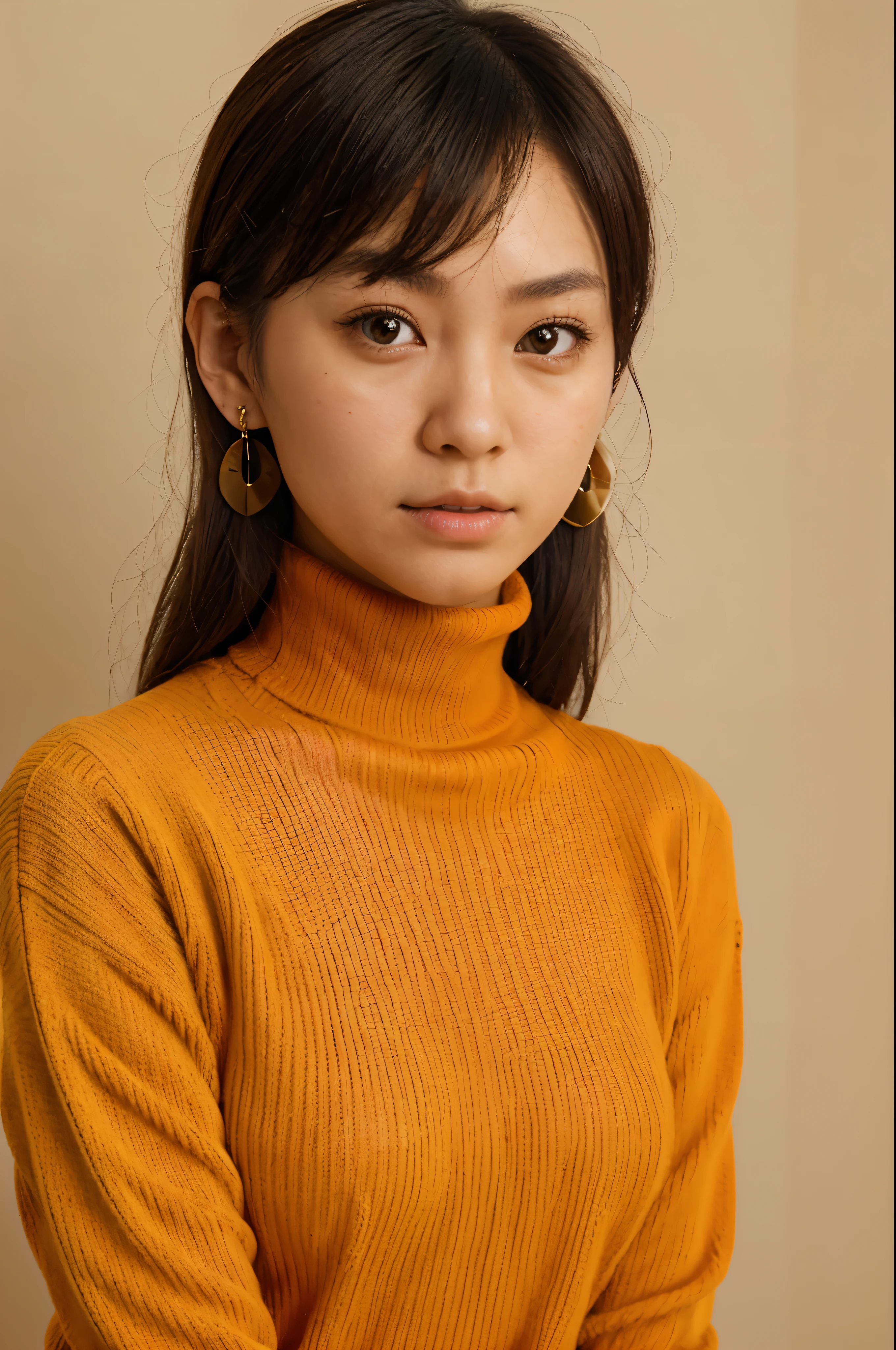 1 japanese girl, pretty face, earrings, butterball, (medium full shot), wearing (orange turtleneck sweater: 1.2) up to the chin, short shoulder length black hair, (simple plain background)