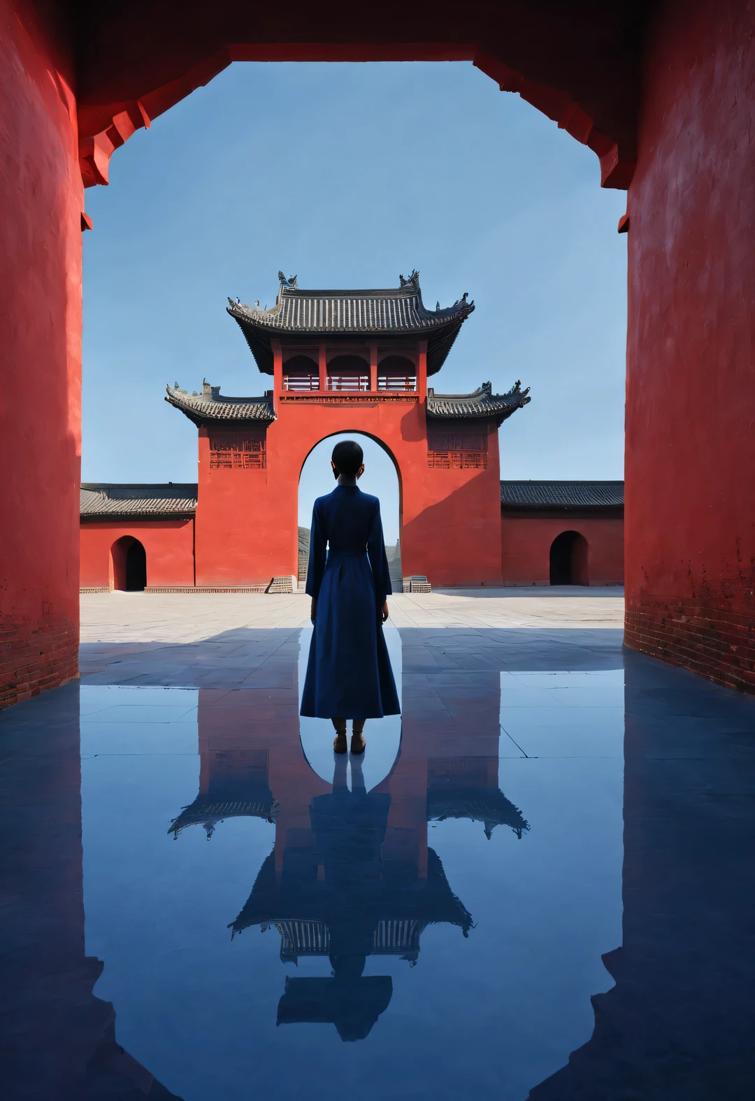 minimalist composition,一个女人站在中国古老的红色城Door塔上,Door,Rear view,background:indigo sky china red indigo, reflection,diffusion gradient,Liu Ye,Sense of space ,sense of lines,translucent,matte texture,chenjialing,Ando,Liu Ye,Minimalism