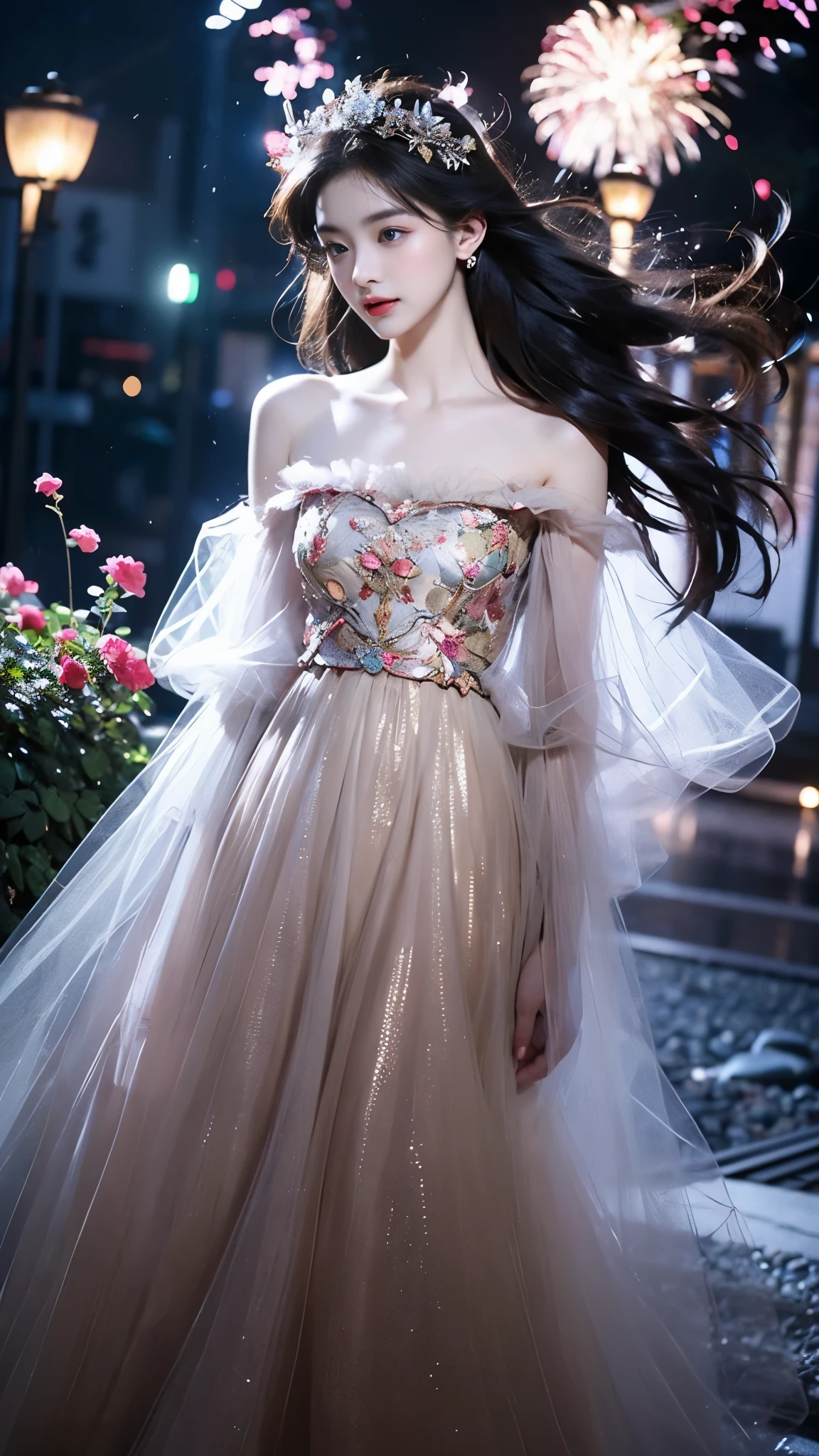 sh33rfl0r4l, long sleeves, black dress, off shoulder, bare shoulders, long dress, see-through, tulle dress, laser,leishe,(masterpiece, best quality:1.2), 1 girl, alone, ((off-the-shoulder clothes)), ((night)), lantern, candlelight, In the depths of Wonderland，The moonlight falls like water，foggy room，The figure of the heroine is vaguely visible，Just like the fairy in the painting，Slender sexy legs，very nice legs，Show sexy legs，big breasts，美丽而又带着一丝mystery的色彩。Her face is beautiful and delicate，Like finely carved jade，Showing otherworldly beauty。The eyebrows are picturesque，The waves in my eyes are like twinkling stars，Show the light of perseverance and wisdom。The bridge of the nose is straight，Lip color like cherry，The slightly raised corners of the mouth reveal confidence and calmness。Her face is well defined，The skin is as fair as jade，Reveals a healthy glow，Just like fairies, She never eats fireworks in this world。Her makeup is light and delicate，Not too much embellishment，But enough to show her temperament and charm。Light-colored foundation brings out the transparency of the skin，A light eyebrow pencil outlines her perfect eyebrow shape，Eye makeup is eye shadow and eyeliner，Make her eyes brighter and more energetic。嘴唇涂上grace的口红，Adds a bit of charm and sophistication。她的衣服grace别致，Clothes fluttering，It seems like it will be blown up by the wind at any time，drifting into the distance。既不失grace，Also showed off her extraordinary skills。Rocking with her movements。Her hair is tied back casually，Secure it with a hosta，A few strands of hair flutter gently in the wind，Adds a bit of softness。Her figure is looming in the fairyland，宛如一道big breasts美丽的风景线，Attracted everyone&#39;s concern。She seems to be a fairy in wonderland，big breasts美丽、grace、mystery、and full of power。