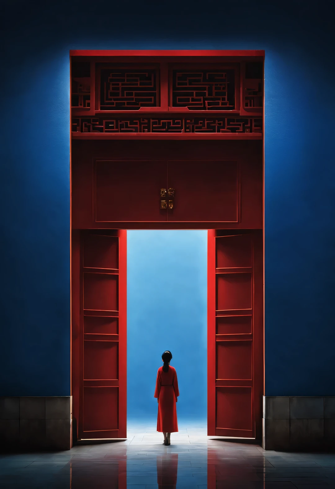 Minimalist composition of ancient Chinese red city gate and tower，A woman stands in front of the door，Rear view，Reddish blue， reflection，diffusion gradient，Liu Ye，Sense of space ，sense of lines，translucent，matte texture，chenjialing，Ando，Liu Ye，Minimalism