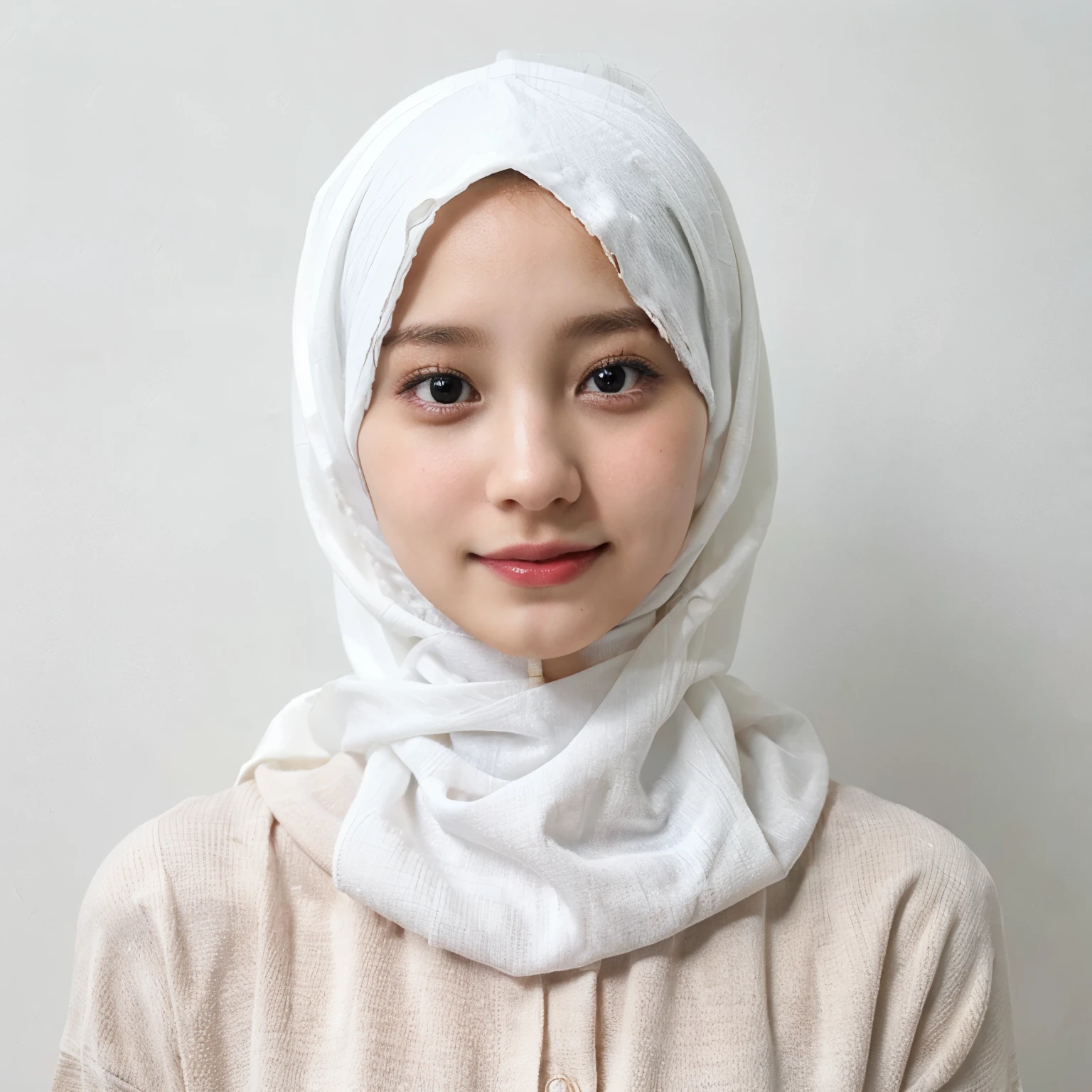 adorable, 1 girl, (face to face), , baby face, hf body portrait, (face details: 1), (eye details: 1), ((big breasts)). wearing transparent white long shirt, hijab, .. Cute posed. proportional body. Ultra High Res. realistic: 1.4, UHD, (floral pattern)