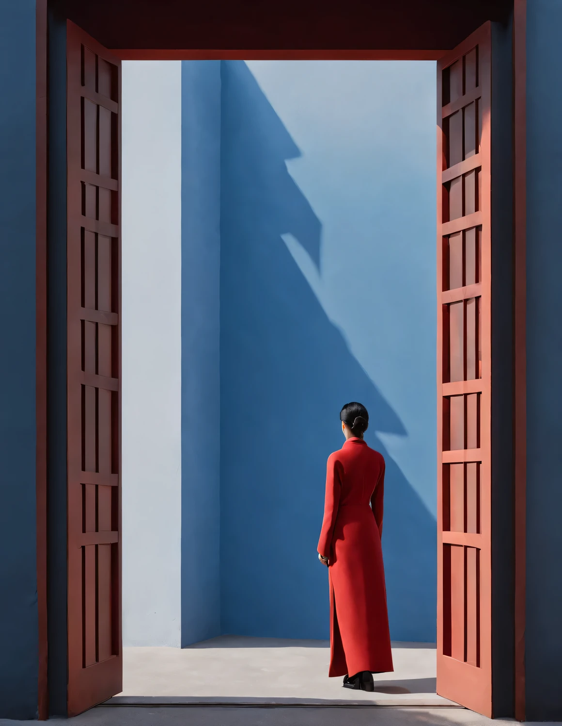 Minimalist composition of ancient Chinese red city gate and tower，A woman stands in front of the door，Rear view，Reddish blue，
reflection，diffusion gradient，Liu Ye，Sense of space ，sense of lines，translucent，matte texture，chenjialing，Ando，Liu Ye，Minimalism