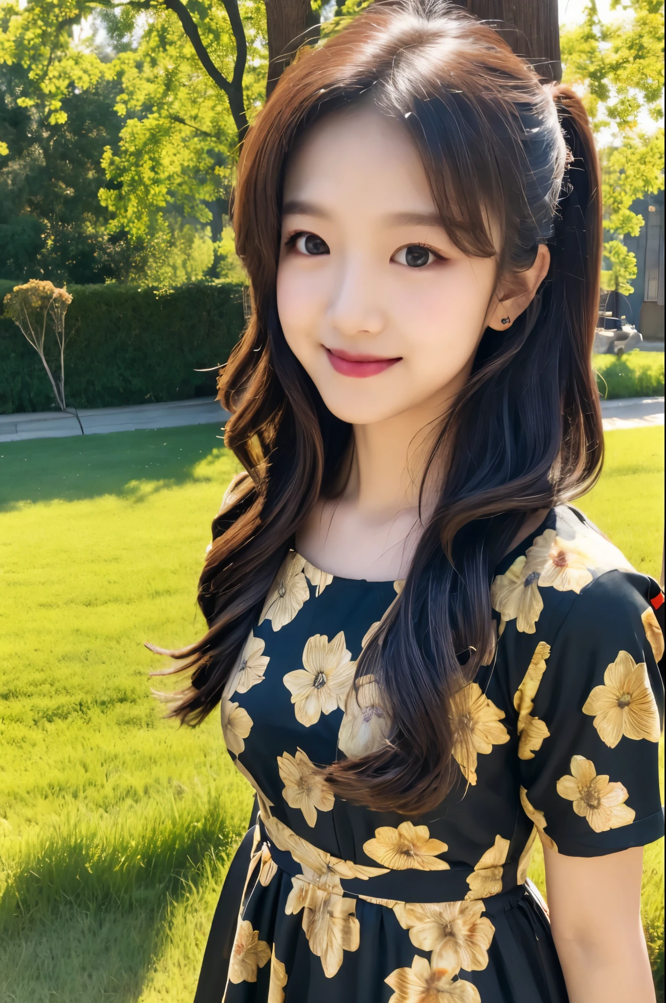 ((Top quality, 8K, Masterpiece: 1.3)), Beauty, Pure, Melon face, Kind and cute, Sweet smile, Pure desire, Slender body, (Front), (Tilted head), ((Looking at camera)) , wearing a patterned dress, black silky long hair, long shoulders, round black big eyes, clear big eyes, moist red lips, sweet, sitting on a chair, park background, (((whole body))),