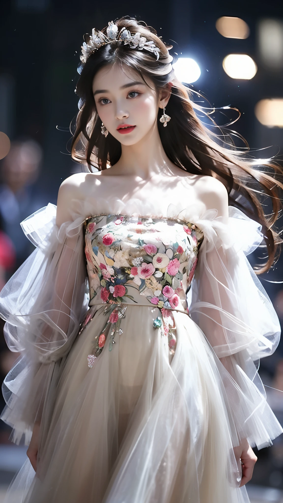 sh33rfl0r4l, long sleeves, black dress, off shoulder, bare shoulders, long dress, see-through, tulle dress, laser,leishe,(masterpiece, best quality:1.2), 1 girl, alone, ((off-the-shoulder clothes)), ((night)), lantern, candlelight, In the depths of Wonderland，The moonlight falls like water，foggy room，The figure of the heroine is vaguely visible，Just like the fairy in the painting，Slender sexy legs，very nice legs，Show sexy legs，big breasts，美丽而又带着一丝mystery的色彩。Her face is beautiful and delicate，Like finely carved jade，Showing otherworldly beauty。The eyebrows are picturesque，The waves in my eyes are like twinkling stars，Show the light of perseverance and wisdom。The bridge of the nose is straight，Lip color like cherry，The slightly raised corners of the mouth reveal confidence and calmness。Her face is well defined，The skin is as fair as jade，Reveals a healthy glow，Just like fairies, She never eats fireworks in this world。Her makeup is light and delicate，Not too much embellishment，But enough to show her temperament and charm。Light-colored foundation brings out the transparency of the skin，A light eyebrow pencil outlines her perfect eyebrow shape，Eye makeup is eye shadow and eyeliner，Make her eyes brighter and more energetic。嘴唇涂上grace的口红，Adds a bit of charm and sophistication。她的衣服grace别致，Clothes fluttering，It seems like it will be blown up by the wind at any time，drifting into the distance。既不失grace，Also showed off her extraordinary skills。Rocking with her movements。Her hair is tied back casually，Secure it with a hosta，A few strands of hair flutter gently in the wind，Adds a bit of softness。Her figure is looming in the fairyland，宛如一道big breasts美丽的风景线，Attracted everyone&#39;s concern。She seems to be a fairy in wonderland，big breasts美丽、grace、mystery、and full of power。