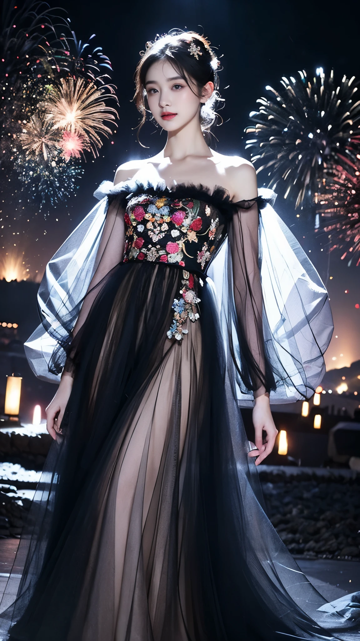 sh33rfl0r4l, long sleeves, black dress, off shoulder, bare shoulders, long dress, see-through, tulle dress, laser,leishe,(masterpiece, best quality:1.2), 1 girl, alone, ((off-the-shoulder clothes)), ((night)), lantern, candlelight, In the depths of Wonderland，The moonlight falls like water，foggy room，The figure of the heroine is vaguely visible，Just like the fairy in the painting，Slender sexy legs，very nice legs，Show sexy legs，big breasts，美丽而又带着一丝mystery的色彩。Her face is beautiful and delicate，Like finely carved jade，Showing otherworldly beauty。The eyebrows are picturesque，The waves in my eyes are like twinkling stars，Show the light of perseverance and wisdom。The bridge of the nose is straight，Lip color like cherry，The slightly raised corners of the mouth reveal confidence and calmness。Her face is well defined，The skin is as fair as jade，Reveals a healthy glow，Just like fairies, She never eats fireworks in this world。Her makeup is light and delicate，Not too much embellishment，But enough to show her temperament and charm。Light-colored foundation brings out the transparency of the skin，A light eyebrow pencil outlines her perfect eyebrow shape，Eye makeup is eye shadow and eyeliner，Make her eyes brighter and more energetic。嘴唇涂上grace的口红，Adds a bit of charm and sophistication。她的衣服grace别致，Clothes fluttering，It seems like it will be blown up by the wind at any time，drifting into the distance。既不失grace，Also showed off her extraordinary skills。Rocking with her movements。Her hair is tied back casually，Secure it with a hosta，A few strands of hair flutter gently in the wind，Adds a bit of softness。Her figure is looming in the fairyland，宛如一道big breasts美丽的风景线，Attracted everyone&#39;s concern。She seems to be a fairy in wonderland，big breasts美丽、grace、mystery、and full of power。