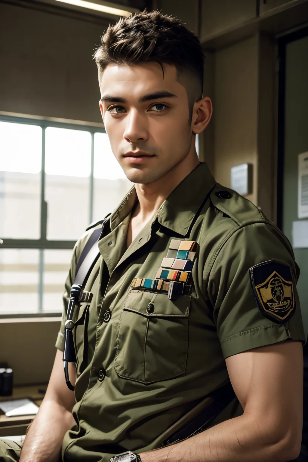 male paramedic with a brown mohawk and soft green eyes in military fatigues and carries a medical kit