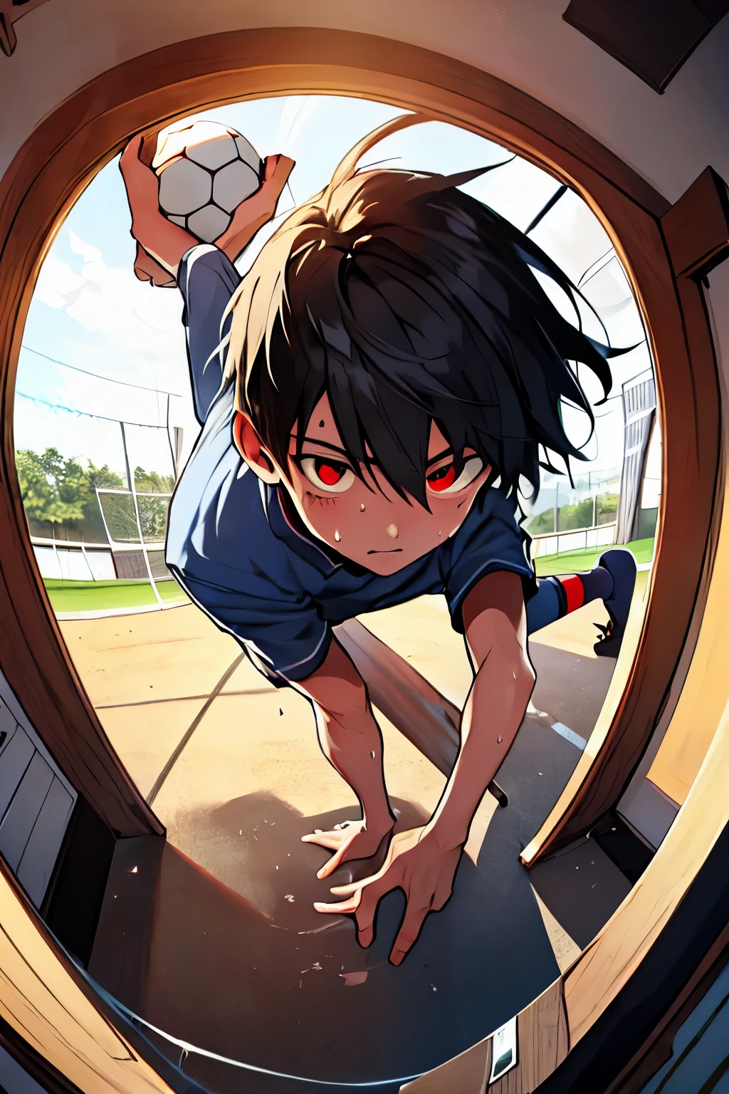 masterpiece,highest quality,(1 man:1.3), soccer,primary school student,small height,short hair,black hair,red eyes,confident look,Little sweat,place ground,Cool posture,Surrounded by enemies,protect the ball,dutch angle, Fisheye
