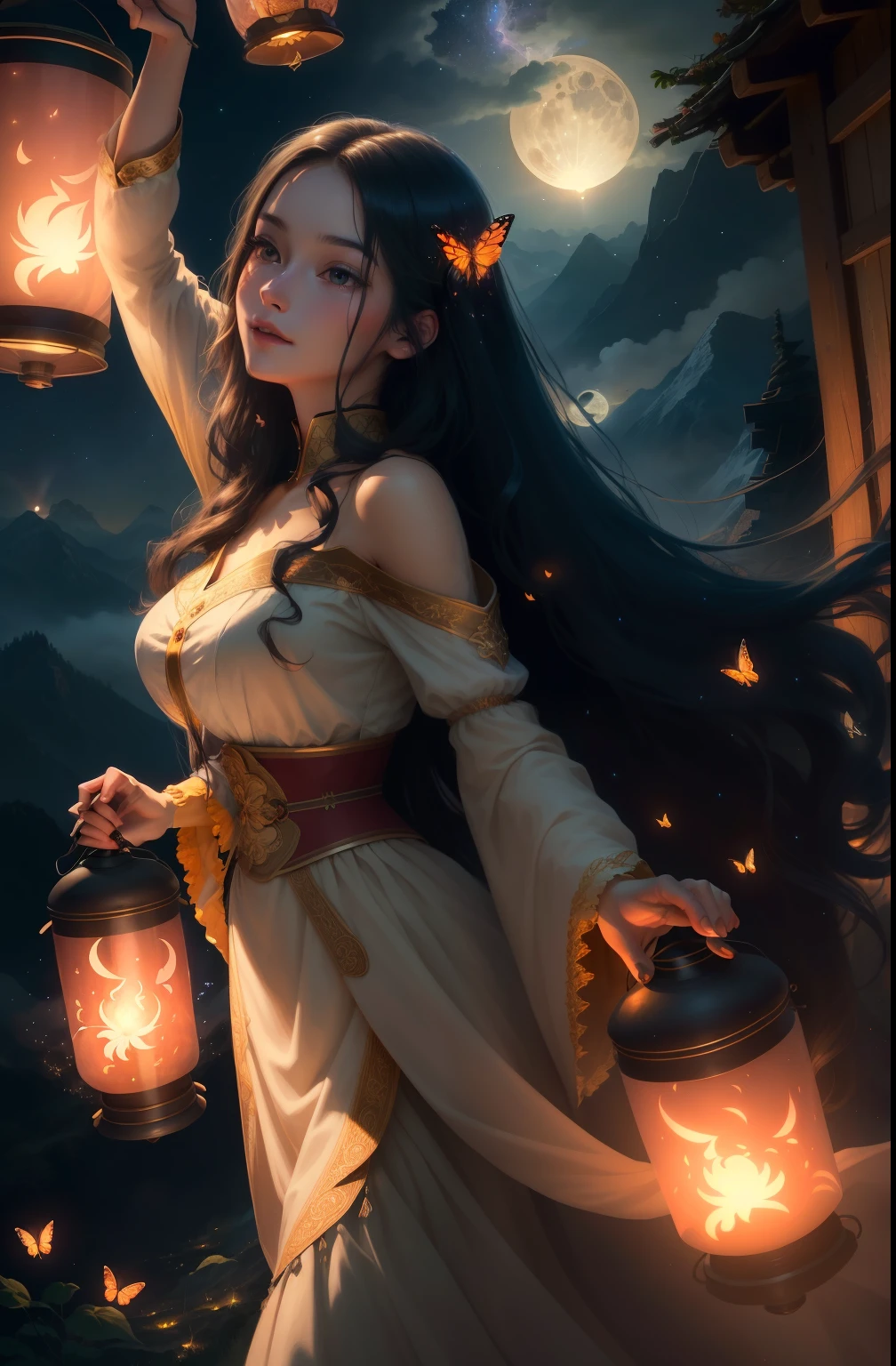 [Highest quality], [stunning] CG illustrations, [dynamic posture] woman with exquisite facial features. Lanterns swaying in the mountains at night, clouds fluttering, full moon illuminating. Her long hair swayed, silhouettes floating, fireflies and butterflies fluttering, and starlight twinkling. The blessings of light come.