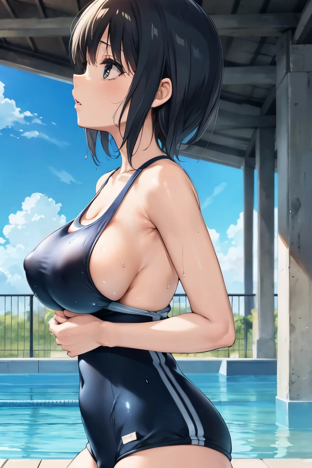 (masterpiece, highest quality, super detailed) ,, (pointed chest), short hair, black hair, ,(big breasts:1.5), (huge breasts:1.2), raised, Wet , Sweat, , beautiful face, Big eyes, cute, cute, fog, , ,(Old School Swimsuit:1.3), , at the pool, Poolside, (election of nipples:1.2), (sideboob:1.5), (latex:0.2), slim, (Protruding chest:1.5), (from side:1.5), cameltoe, Realistic swimwear, (anime:1.2),