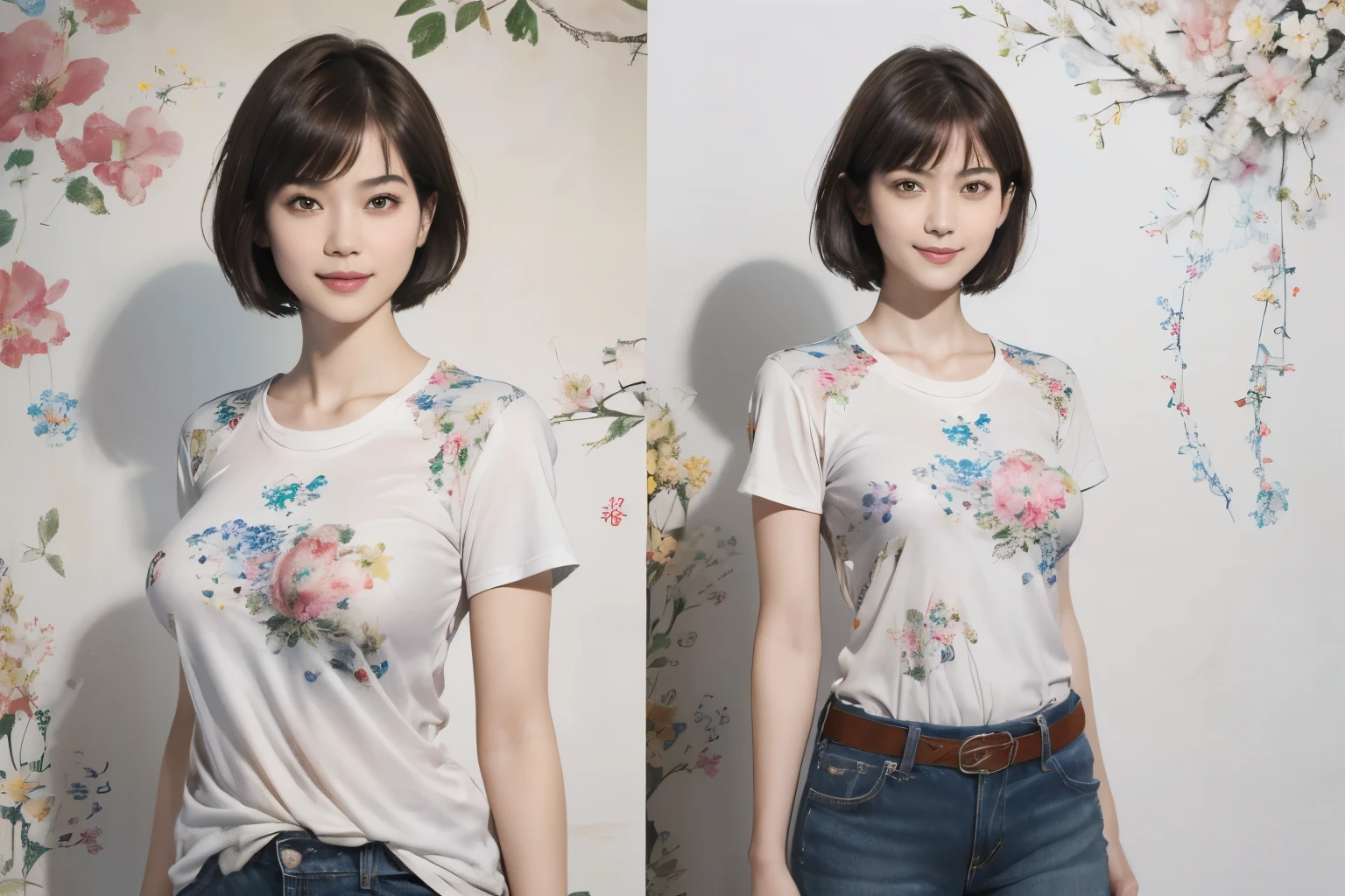 156
(Shorthair:1.46),  (a 20 yo woman, standing), (A hyper-realistic), (Masterpiece), (8KUHD), (gentle smile), Slender waist, Wearing jeans, ((Floral Clothing - T-Shirts)), Wearing long pants, abstract splash painting, (doodle:1.46), (breasts:1.46), (口紅)
