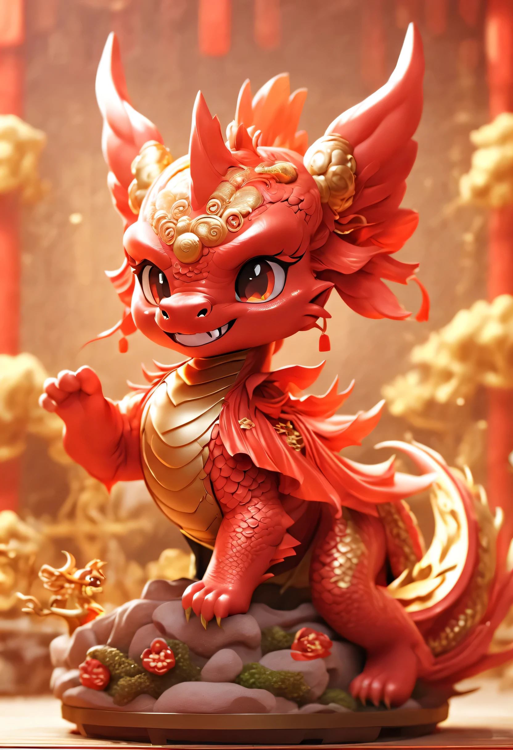 There is a statue of a red dragon, Surrounded by auspicious clouds, Cartoon Cute, , There are gold and red decorations, 光滑的Chinese dragon, 8k octave rendering photo, colored zbrush render, Japanese mascot 3D model, Chinese Silk 3D Dragon, 3D rendering stylization, Chinese dragon concept art, Inspired by Puhua, Chinese dragon, Cute little dragon, Red realistic 3D rendering, Ultra-detailed rendering