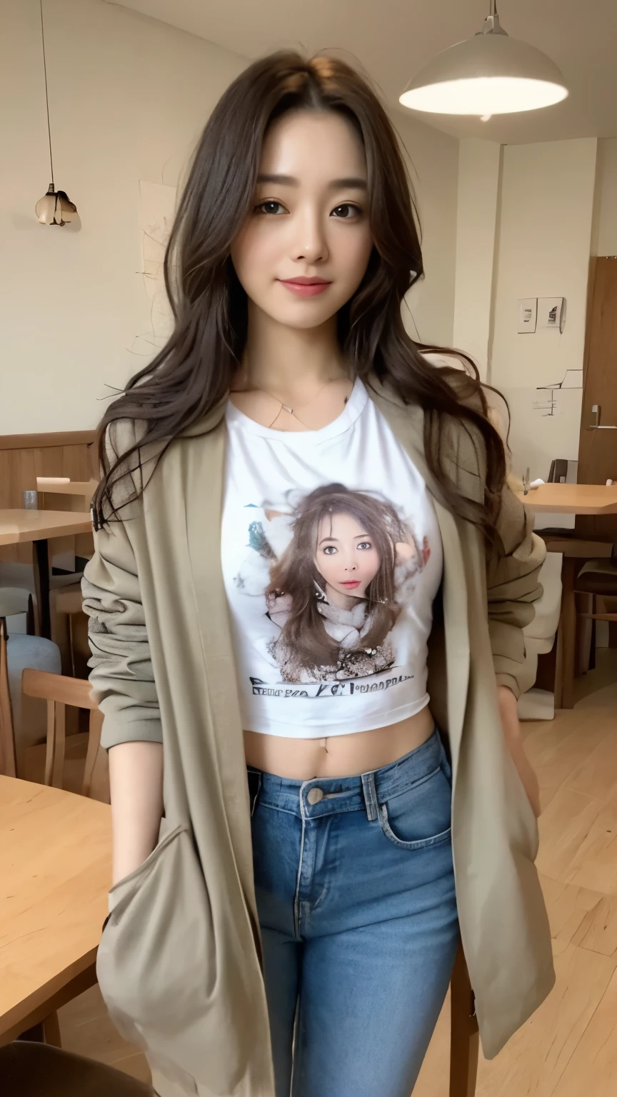 ((top-quality、8k、​masterpiece:1.3))、Beautiful woman with perfect body:1.4、slim abdomen:1.2、Longhair, normal breast, Highly detailed facial and skin texture, A detailed eye, delicate eyes, double eyelid, (smile), (full body shot), ((restaurant)), (sitting on chair), (((wearing t-shirt with jacket))), looking in front