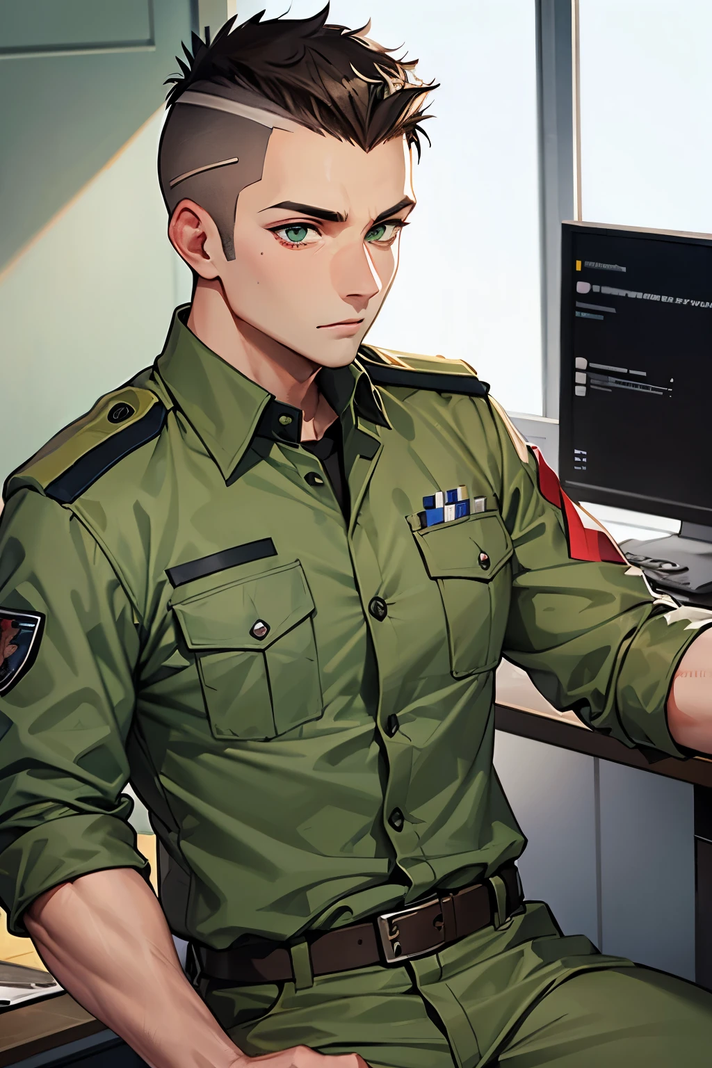 male paramedic with a brown mohawk and soft green eyes in military fatigues and carries a medical kit