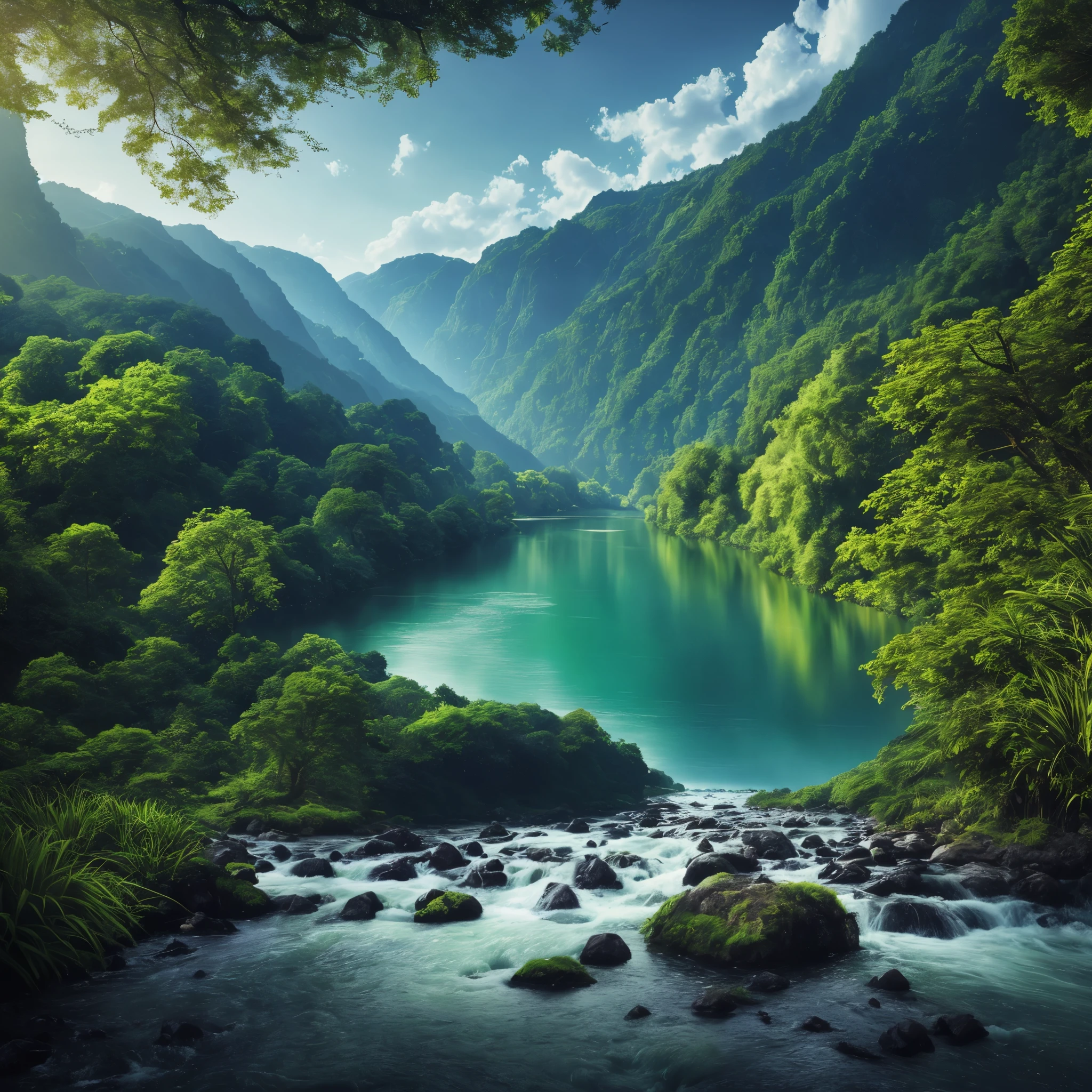 a view of a river running through a lush green forest, 8k stunning artwork, majestic nature scenery, lakes and waterfalls, waterfalls and lakes, photorealistic landscape, beautiful render of a landscape, 4k highly detailed digital art, mountains river trees, epic beautiful landscape, 8 k resolution digital painting, 8k resolution digital painting, stunning nature in background
