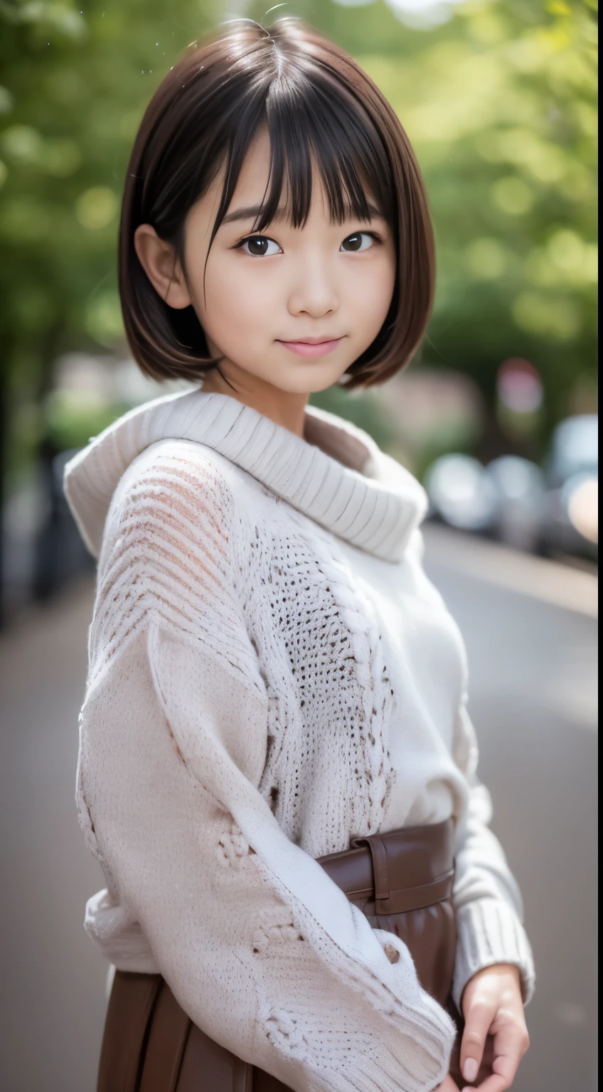 Best image quality, focus, soft light, , ((Japanese)), (sleeveless), (((front, young face))), (depth of field), super high resolution, (realistic: 1.4 ), RAW photo, (knit clothes), skirt, masterpiece, highest quality, (photoreal), woman, smile, bangs