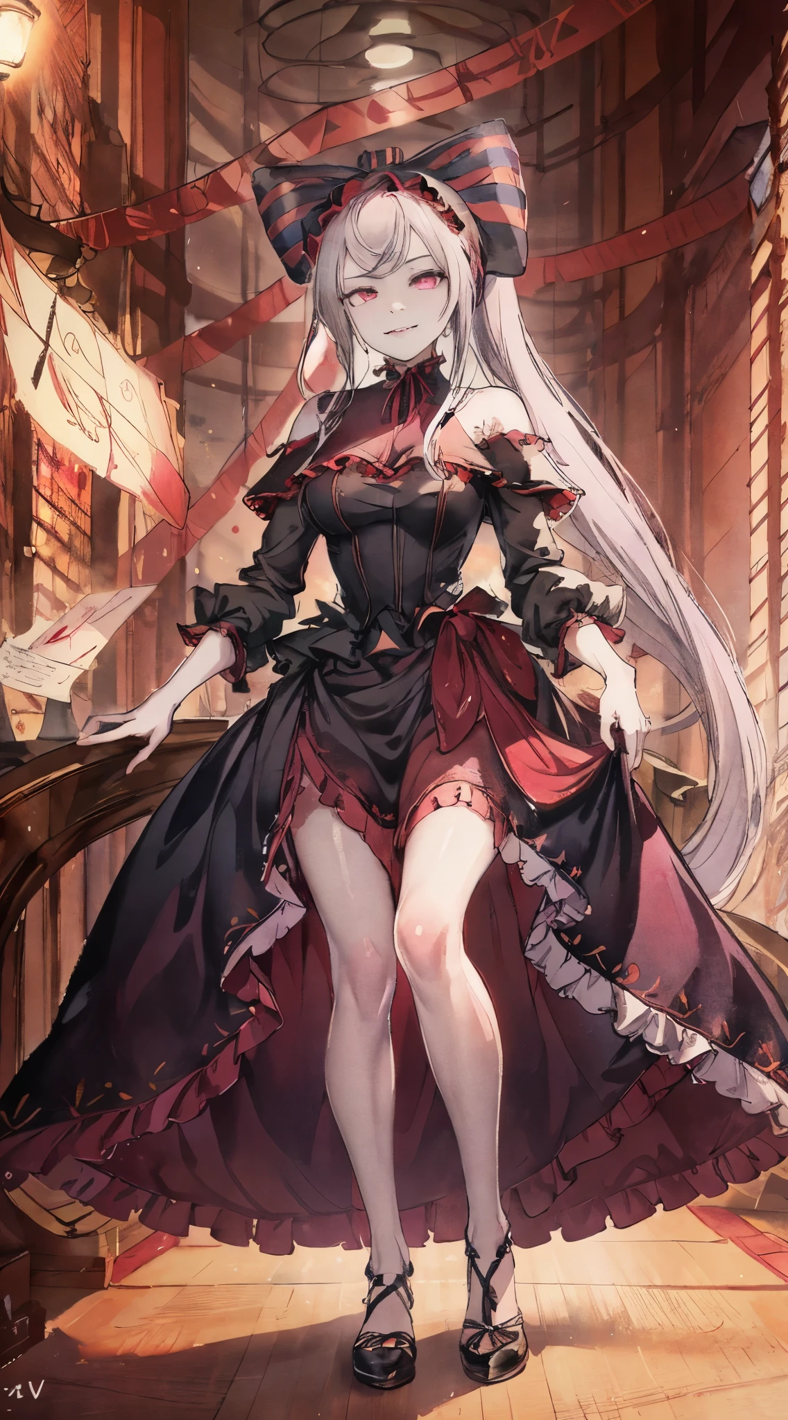 masterpiece, best quality, good lighting, highres, ShalltearV4, 1girl, solo, dress, frills, bow, hair bow, fang, slight smile, pale skin, glowing, (detailed eyes), glowing eyes, portrait