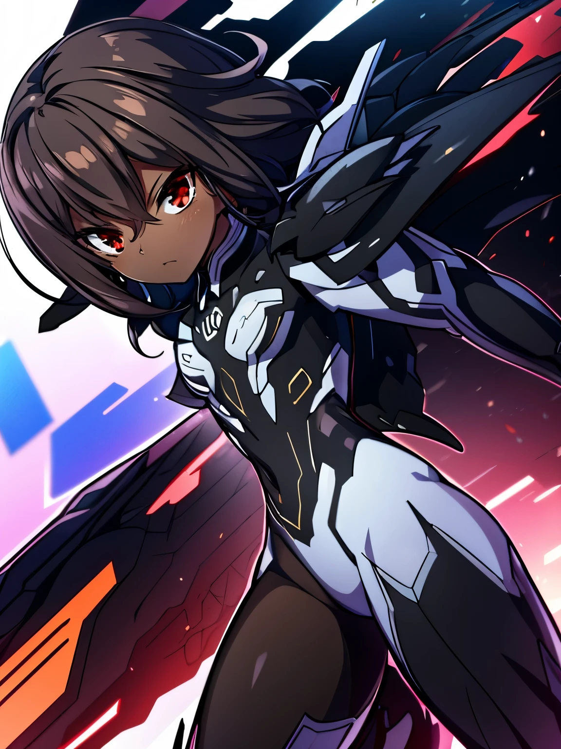 masterpiece,best quality,ultra-detailed,very detailed illustrations,extremely detailed,intricate details,highres,super complex details,extremely detailed 8k, counter:side, dark skinned, (1 male), black clothing, red eyes, ((dark brown hair)), short hair, mecha black_bodysuits, exosuit, black armoured leggings covering his legs,