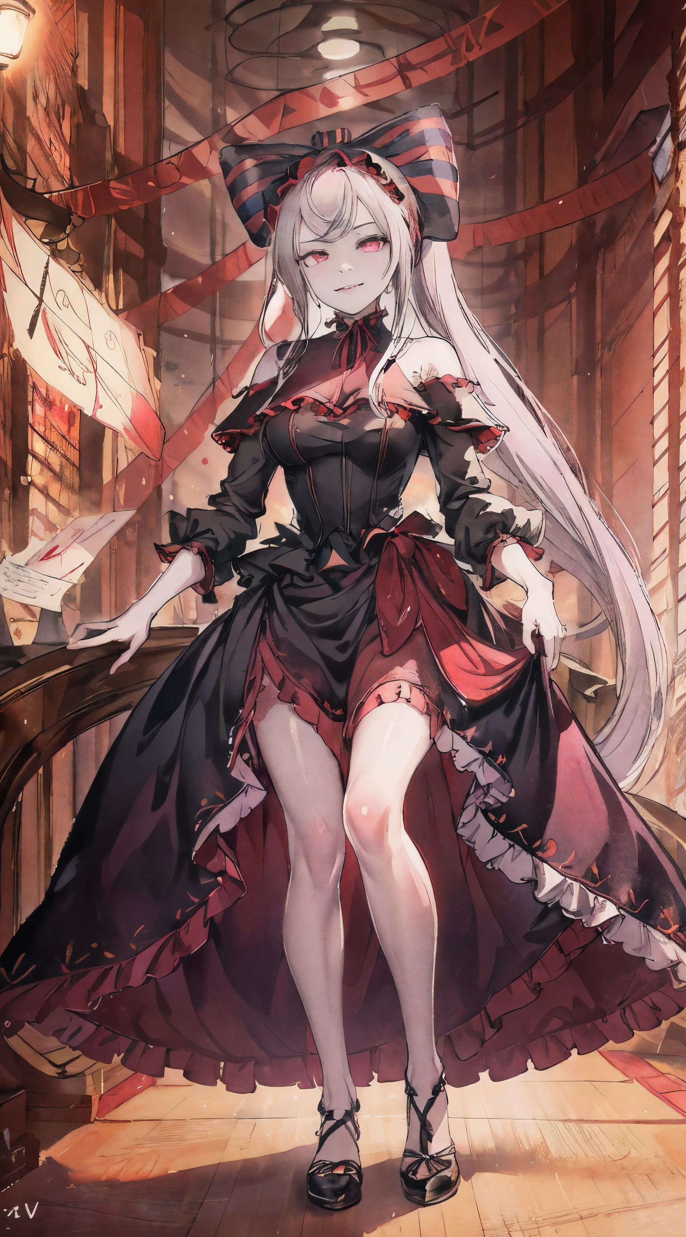 masterpiece, best quality, good lighting, highres, ShalltearV4, 1girl, solo, dress, frills, bow, hair bow, fang, slight smile, pale skin, glowing, (detailed eyes), glowing eyes, portrait