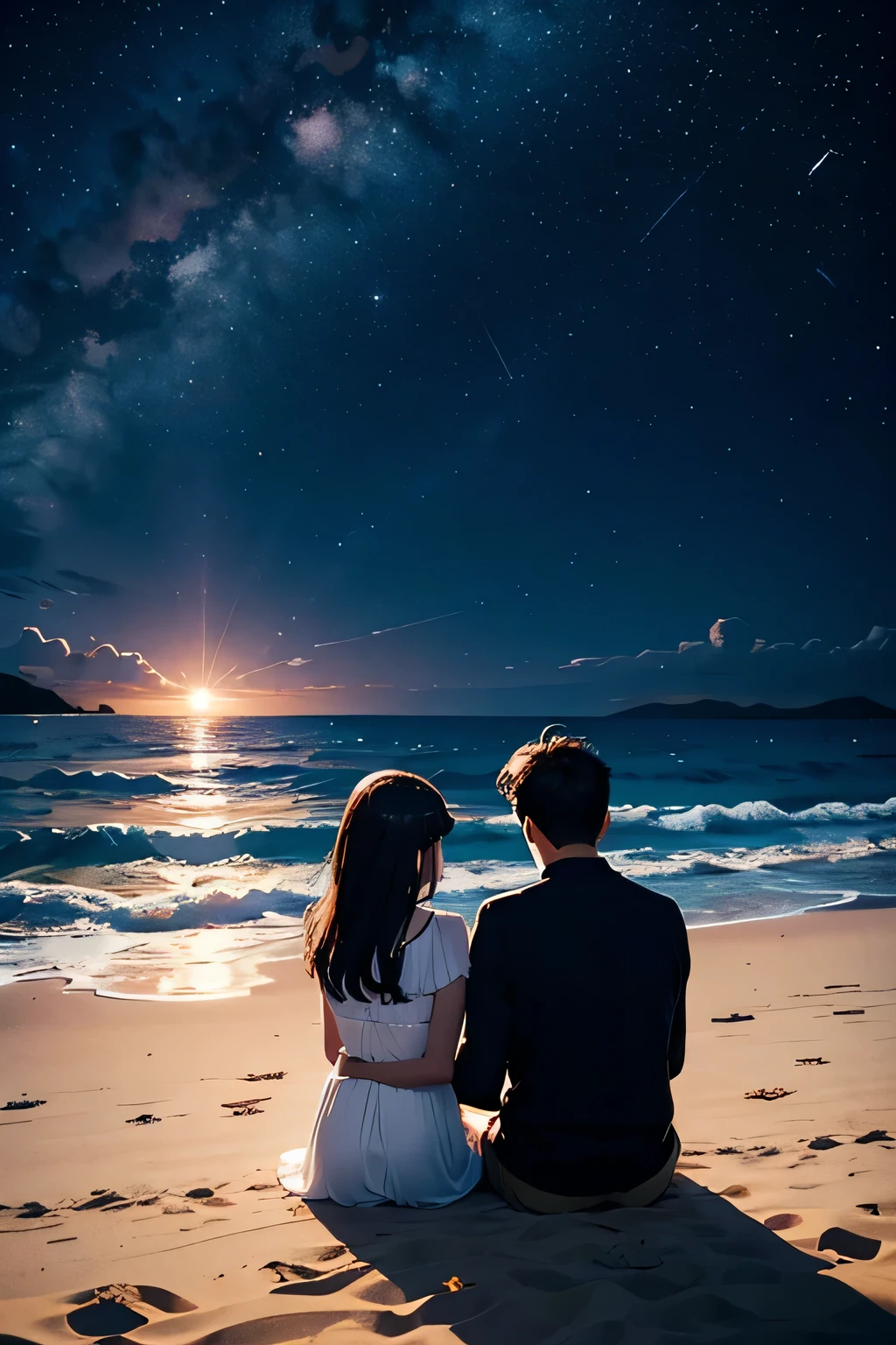 Starry night on the beach,Couple sitting on the beach, sitting on the beach at night, night under the stars, sky full of stars, beauttiful stars。