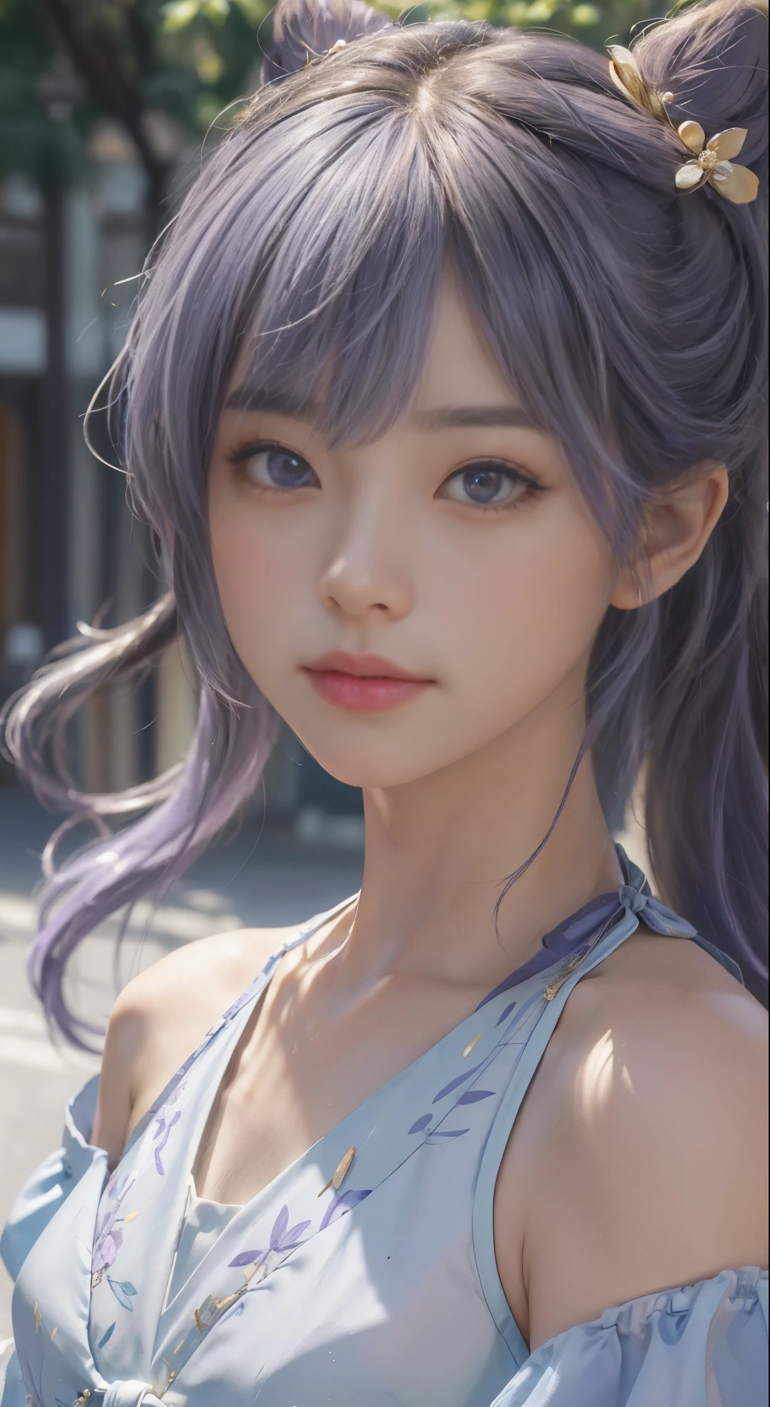 (photorealistic:1.4), (masterpiece, sidelighting, finely detailed beautiful eyes: 1.2), masterpiece*portrait, realistic, 3d face, keqing \(genshin impact\), 1girl, ahoge, architecture, By bangs,Bare shoulders,Bell,black glove,(Black tights, light purple hair, gold hairpin),Blushlush,Beautiful small breasts,Chinese knot,the sleeve,flower knot, light purple hair,Look at the audience,middlebreast,Neckbells