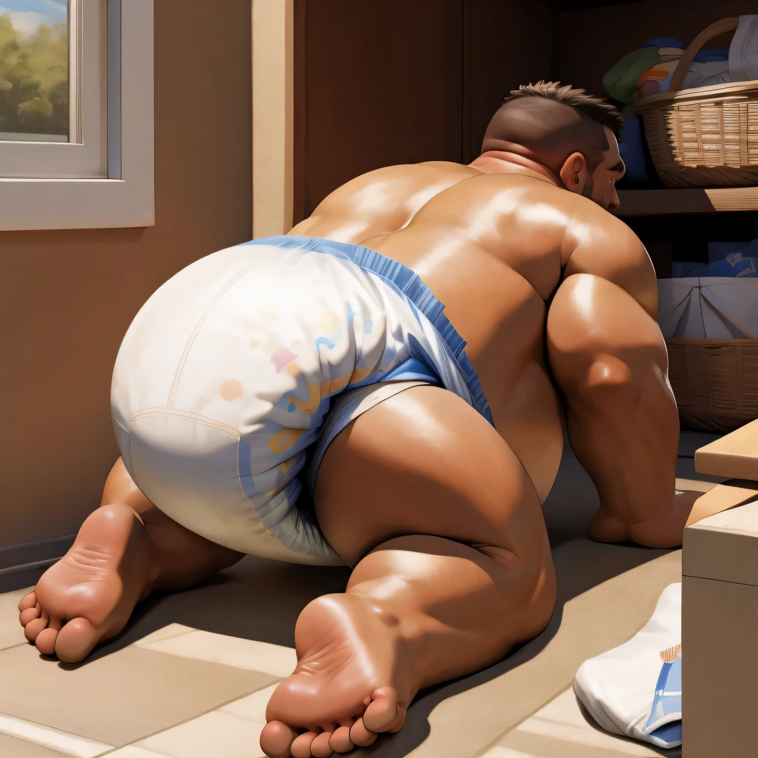 masterpiece, highest quality, At 32K, perfect fingers, very detailed, photo-realistic, the fat man is a cruel prisoner, delay, human, 50s, (obesity: 0.5), fatty muscle, bowl leg, despondency, I was incontinent, 50s, Children check diapers, waddle, There is a small puddle under him, I was incontinent, naked, short legs, bowl leg, spread your legs, wear white cloth diapers, White diapers without pattern, Pampers, nakedのお腹, naked足, naked足, nakedの靴底, 上半身naked, wide forehead and short thin hair, A man with a big face and stubble, naked足, nakedの靴底, shy, sob, Drool, round face, vapor, alone, She enters a nursery school but is looked down upon by the children., he was surrounded by children, his ass is wet, naked足, big ass, he is scolded by the children, White diapers, laundry drying rope, he was surrounded by children, sob, wear white cloth diapers, 上半身naked, There is a small puddle under him, She enters a nursery school but is looked down upon by the children., big ass, sob, He waddle to go to children, on all fours