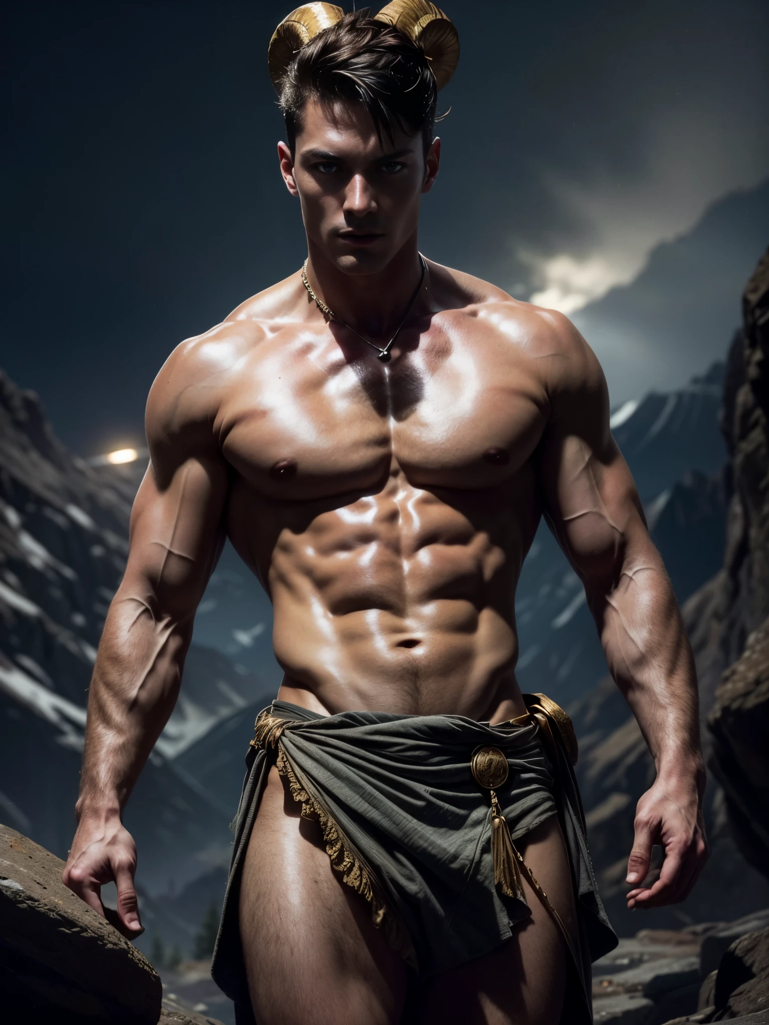 Photorealistic, ((best quality)), ((masterpiece)), (detailed), 1boy, 8k, high detailed, ultra-detailed, Stylish Pose, real skin texture, dark cinematic lighting, 24 year-old british male model, handsome italian, cute looking, divine look, powerful, light blue eyes, personification of Aries the zodiac sign, Zodiac sign, aries, (wild sheep horns coming out of his hairline:1.3), buzz cut hair, shaved face, white pale skin, amazing physic, intense blue eyes, dry messy hair, short brown wavy messy hair, strong jawline, masculine, muscular, defined fit body, hairless chest, shirtless, topless, barechested, half naked, pantless, sinister aesthetic, black storm clouds,(rocky mountains:1.5), walking towards the camera, isolated, in the middlea nowhere, night dark, barelegged, barechest, barefoot, antique linen spartan loincloth , white linen antique draped cloth skirt, golden chain in roman skirt,,,, dim light, (dark background:1.2), cinematic lighting, Depth of field, award-winning photography, elegant, hyperrealistic, octane render, unreal, high definition, 8k resolution, highly detailed, 8k uhd, professional lighting, photon mapping, radiosity, physically-based rendering