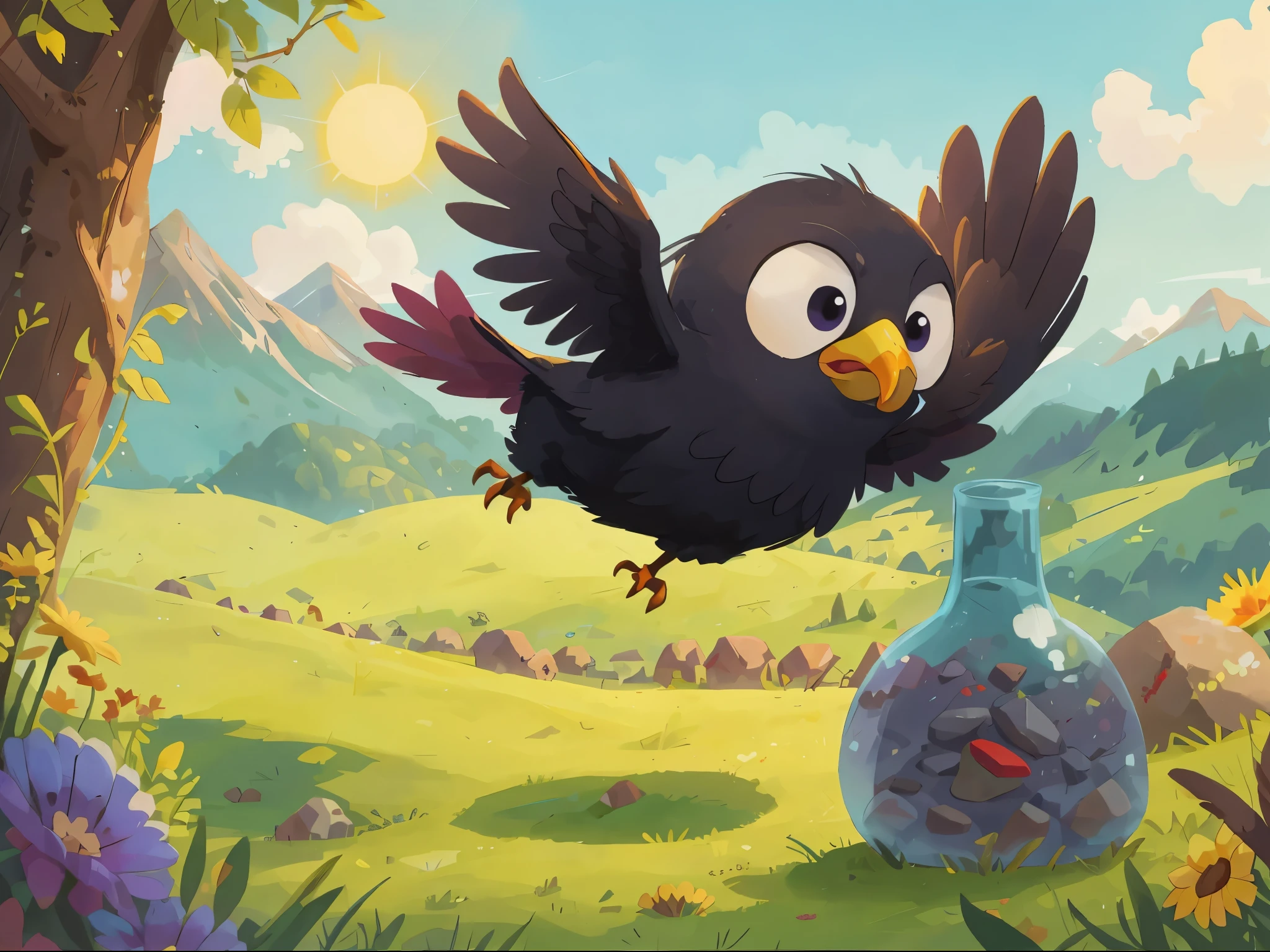 High quality, high-definition, details, A flying crow is holding a stone in its mouthr, cartoons, illustrations,no humans, bird, outdoors, flower, day, sun, sky, grass, cloud, animal focus, tree, pokemon (creature), black eyes, blue sky, solo, mountain, rock, yellow flower, sunflower, purple flower