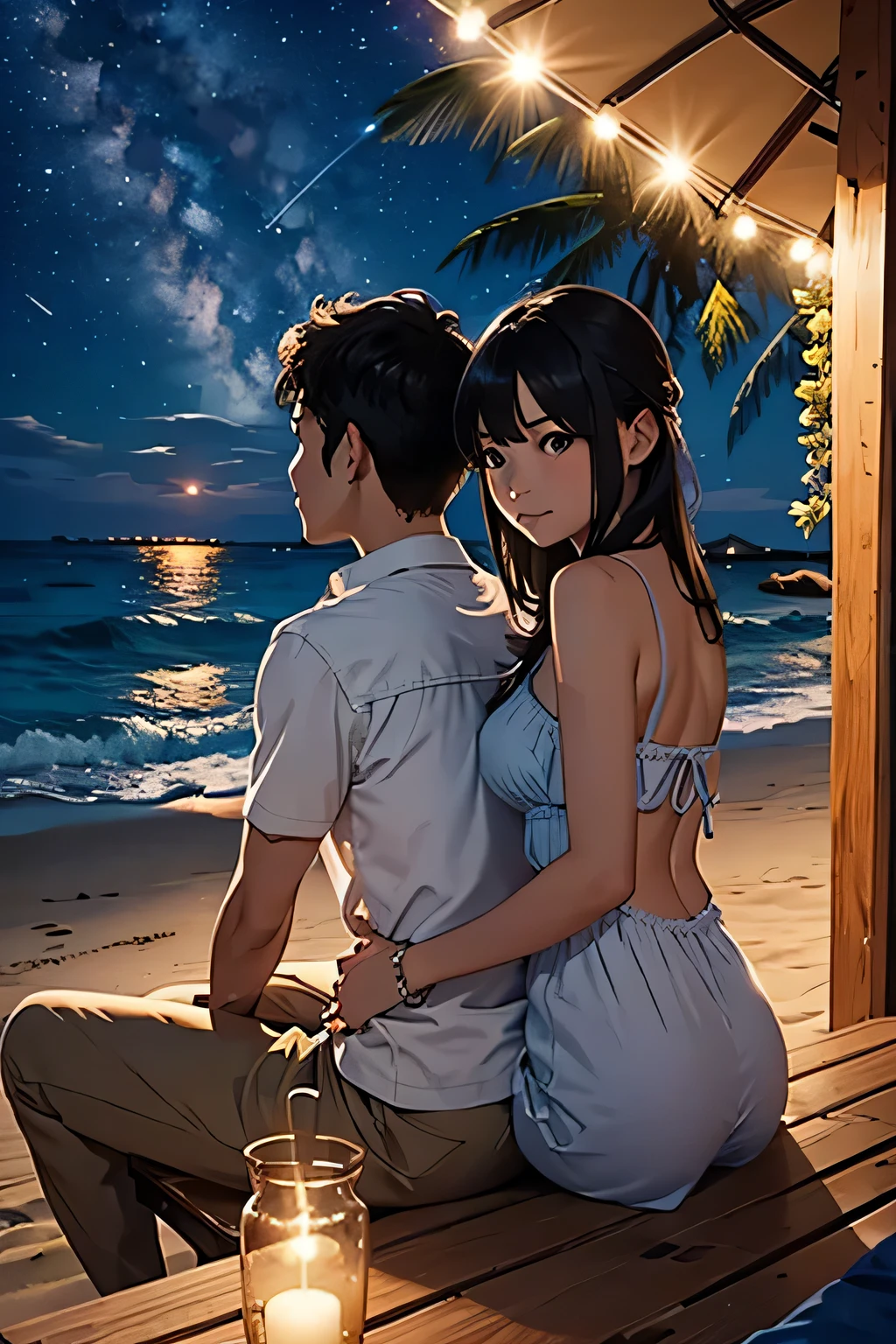 A young couple is sitting on the beach and romancing. The woman is wearing short sexy clothes and her hips are large. Coconut trees are nearby. It is evening.