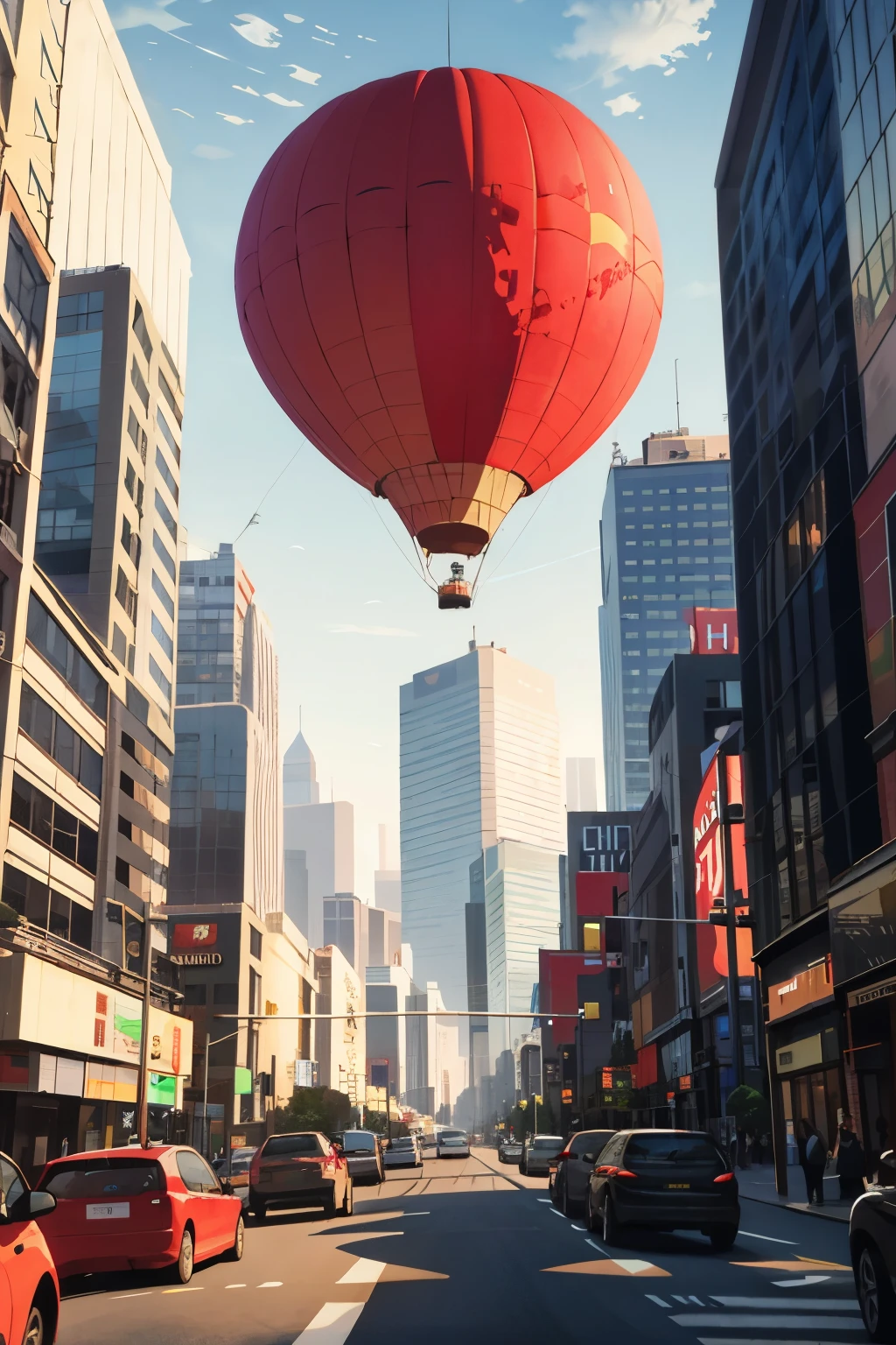 In the heart of a bustling urban landscape, an abundance of buildings line the streets, each adorned with the word "HUB" prominently displayed in bold, red letters. The vibrant scene is further brought to life by the frequent flyovers of planes in the clear, red-hued sky. A hot air balloon with the same "HUB" inscription ascends towards the moon, adding an intriguing element to the busy urban panorama. The overall atmosphere exudes a sense of dynamism and anticipation.