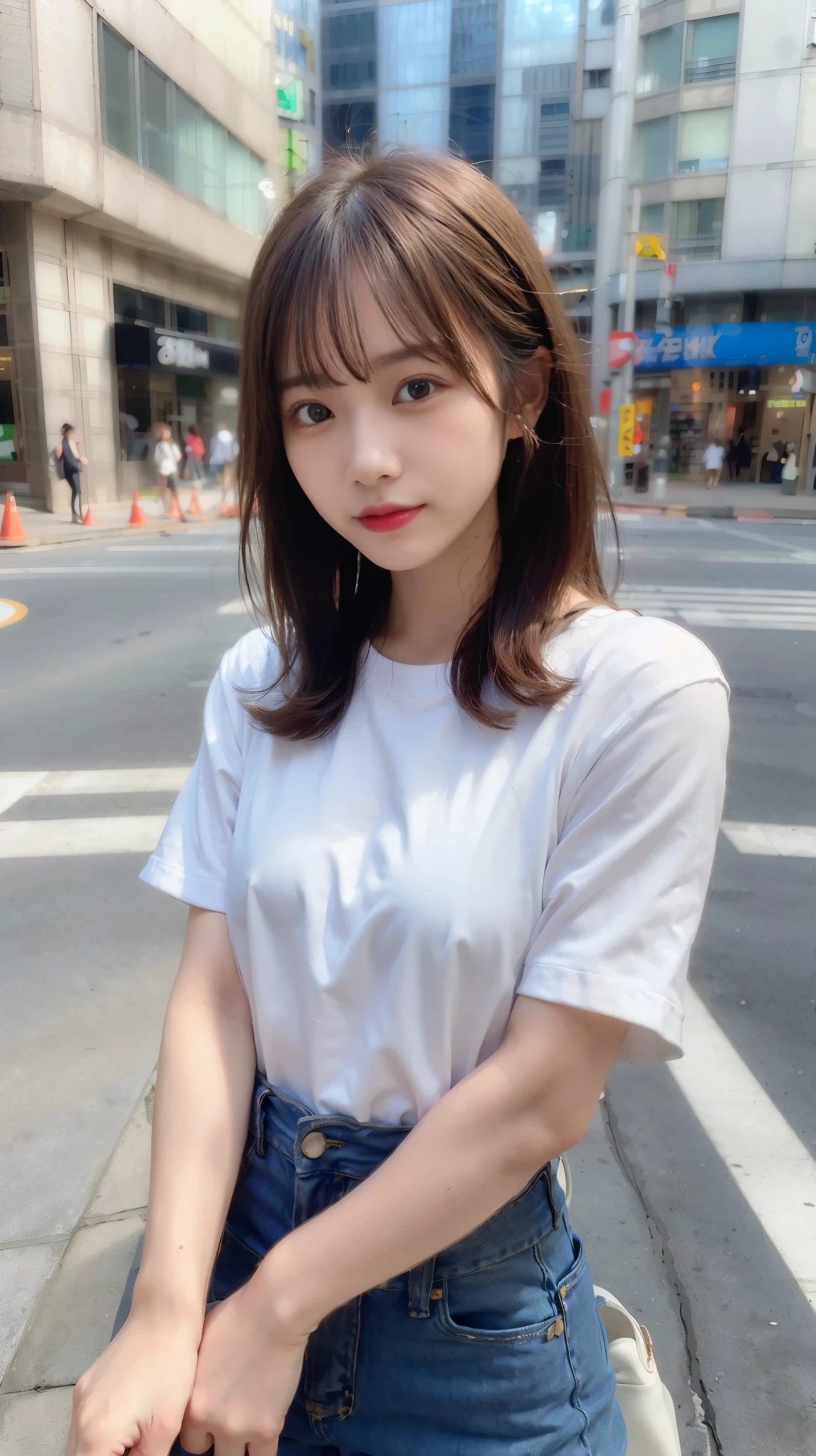 (8K, RAW photo, highest quality, masterpiece: 1.2), (realistic, Photoreal: 1.37), Adult Female 1, tokyo street, cityscape, daytime, Upper body, double eyes, upper eye, Nasal muscles, bob hair, loose wavy hair, big, white t-shirt, jeans, Fair skin, pink lips, smile, delicate, Holding a parasol