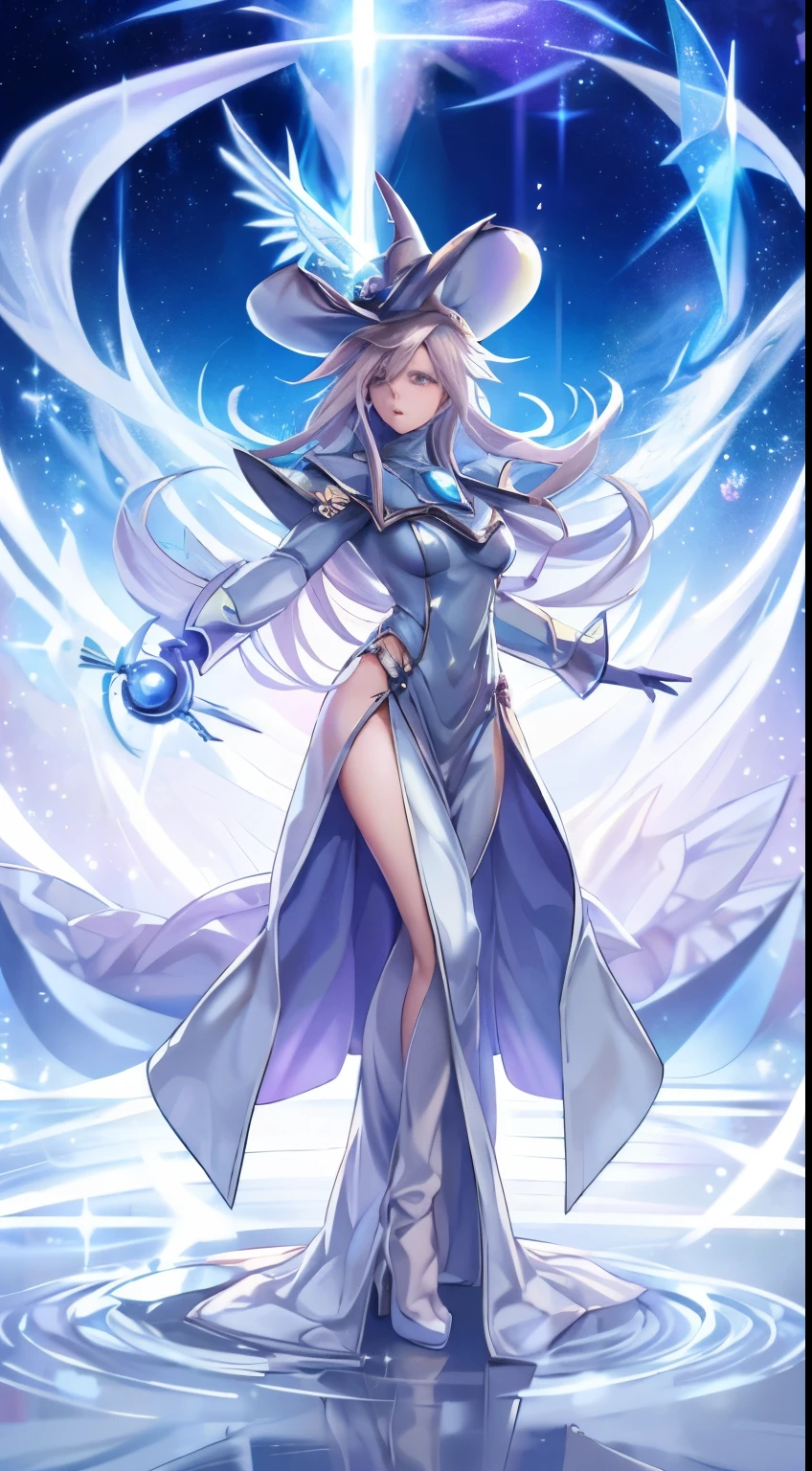 fashion model 25 years old, ((solo)), [[[[full body]]]], perfect eyes, perfect iris, perfect lips, perfect skin, soft front light, glow, HDR, (muted colors:1.2), ((silent magician)), Large hat, wand, blue robe, long silver hair, holding wand above body with one arm