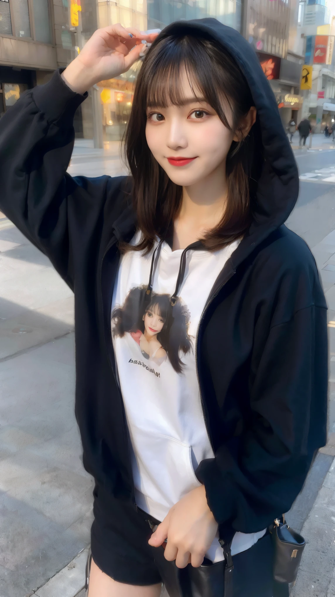 highest quality, Real sticks, super detailed, finely, High resolution, In 8K、wallpaper, perfect dynamic composition, beautiful and fine eyes, black hoodie, bob hair, medium hair, bangs, black haired, middle of chest, natural color lip, The orientation of the body is frontal,smile,Tower Mansion