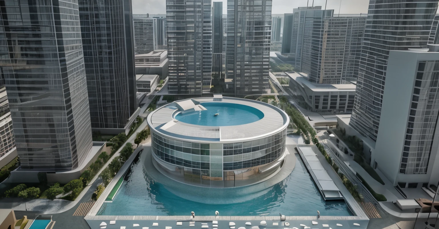 il y a une image 3D d&#39;a swimming pool in a building, Mies van der Rohe, Detailed rendering, conceptuel rendering, image conceptuelle, conceptuel, concentric infinity pool, digital render, a digital render, rendu QG net, Rendu 3D, rendu 3D, inspired by Tadao Ando, low angle dimetric rendering, 3D rendered model, heliport