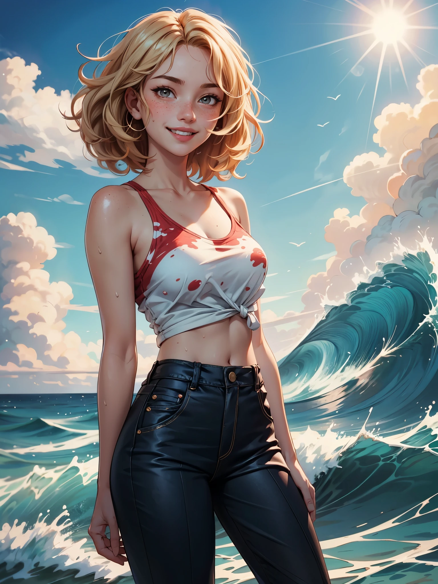 (Best quality at best,tmasterpiece),1girl,ssmile,big laughter,the ocean,Short top,shorter pants,blond hairbl,freckle,Be red in the face,looking at viewert,Wavy hair,clouds,spatter,wave,suns,mont,dampness, smirk, seductive