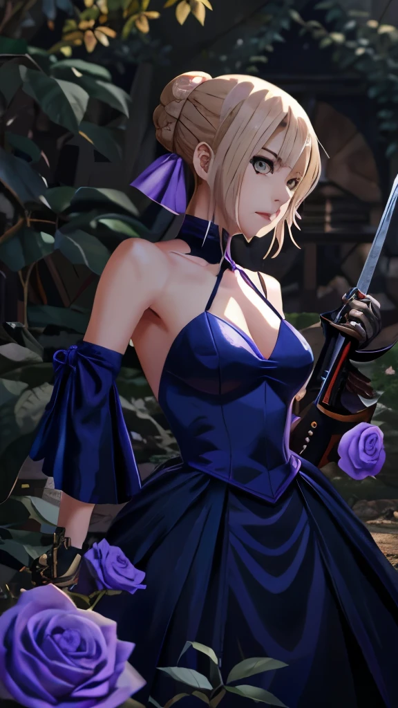 anime girl with sword and purple roses in the background, artgerm and atey ghailan, fate / stay night, fate grand order, highly detailed exquisite fanart, detailed digital anime art, clean detailed anime art, anime girl wearing a black dress, anime style like fate/stay night, 2b nier automata, rossdraws sakimimichan