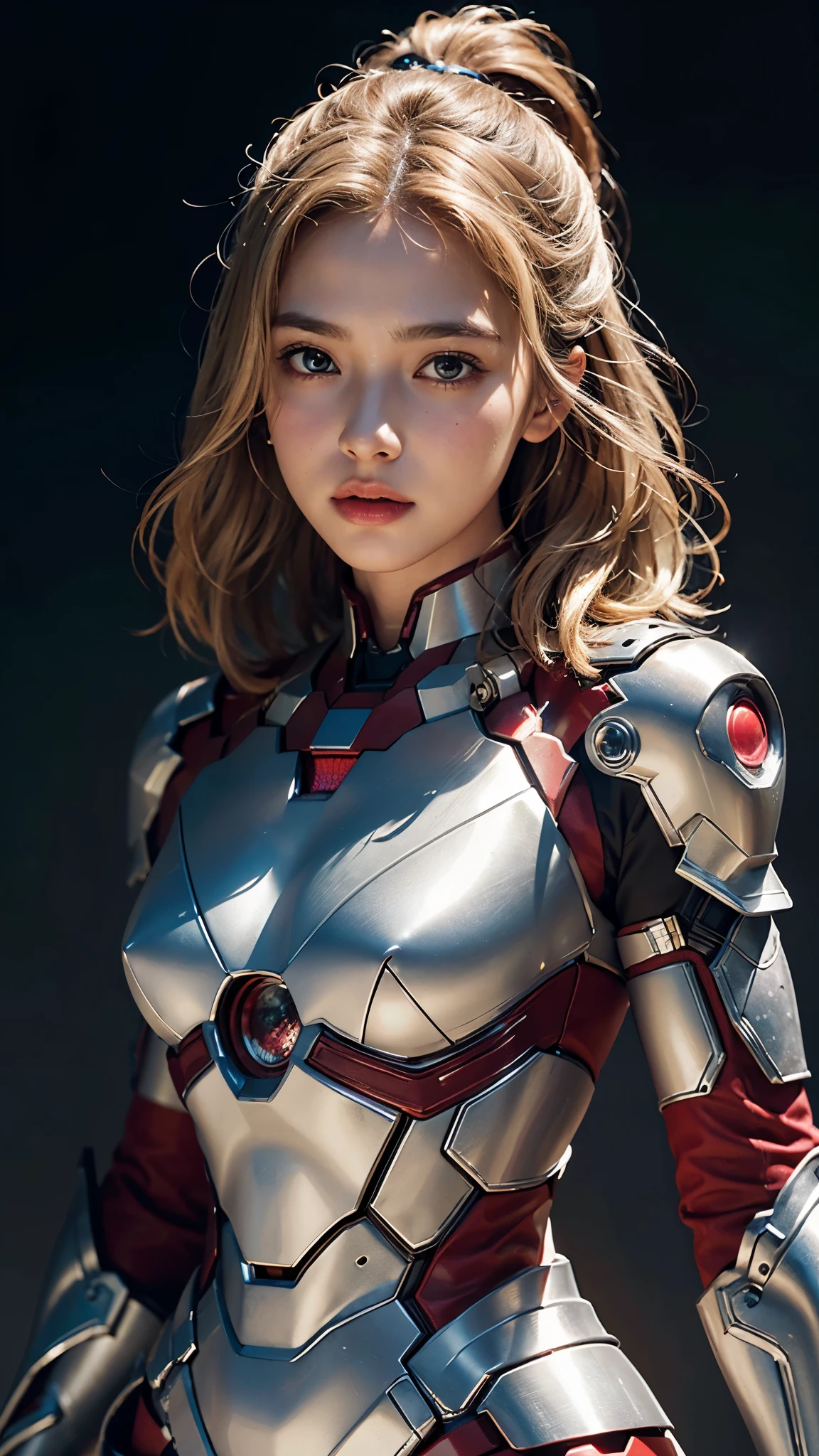 Full view, full body, in the armor of Iron Man,  girl with short blond hair, emphasis on extreme details (skin pores, fabric texture, subtleties of clothing). shiny with silver light, fine face and nose, fine mouth, analog style, skin texture, film grain, Ultra High Resolution, best shadow, RAW, high detailed face, high detailed skin, high detail face, beautiful face, natural skin texture, no reflection, see the grain of its skin, high detailed face, high detailed skin, Fujifilm XT3, realistic photography, perfect face.