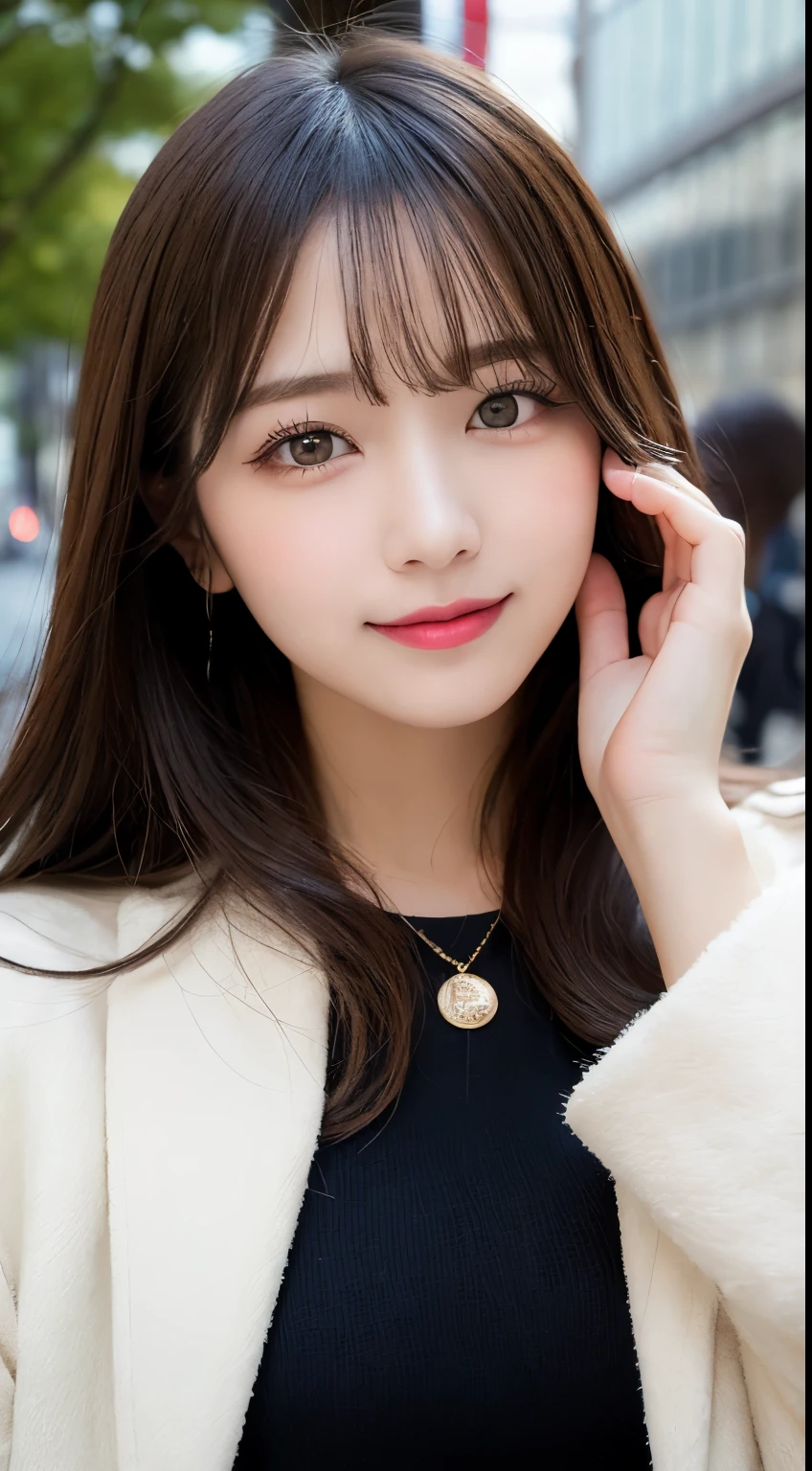table top, highest quality, shape, Super detailed, finely, High resolution, 8k wallpaper, 完璧なダイナミックな構shape, beautiful and detailed eyes, Tokyo trend winter fashion(dress), small breasts, natural color lip, random sexy pose,cute smile、20 year old girl、beautiful and detailed face、perfect and beautiful face,Big eyes、Wearing a fluffy black luxury mink coat、beautiful detailed face、perfect and beautiful double eyelids、blur background、perfect and beautiful face、bright look、straight hair、Raise your chin and look up、Take a picture of a sideways face