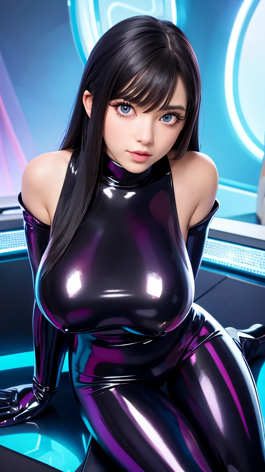 Ultra Macro Photography, fantasy girl, ((cute girl)), huge breasts, latex outfit, shiny/glossy latex, bodysuit outfit, hyper holographic black latex, long hair, long bangs, defined thick thighs, NSFW, hentai, perfect makeup, realistic face, (detailed eyes), light blue eyes, black hair, eyelashes, :D :o, bedroom, sitting on bed, leaning forward, (eyes looking at viewer), breasts shot,