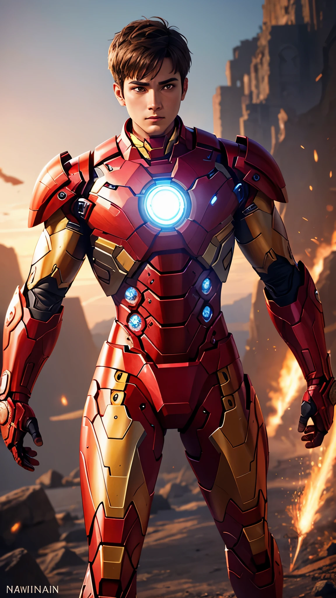 Full view, full body, during a battle with aliens, shooting, angry, in the armor of Iron Man, boy with short brown hair, brown eyes, emphasis on extreme details (skin pores, fabric texture, subtleties of clothing). shiny with silver light, fine face and nose, fine mouth, analog style, skin texture, film grain, Ultra High Resolution, best shadow, RAW, high detailed face, high detailed skin, high detail face, beautiful face, natural skin texture, no reflection, see the grain of its skin, high detailed face, high detailed skin, Fujifilm XT3, realistic photography, perfect face.