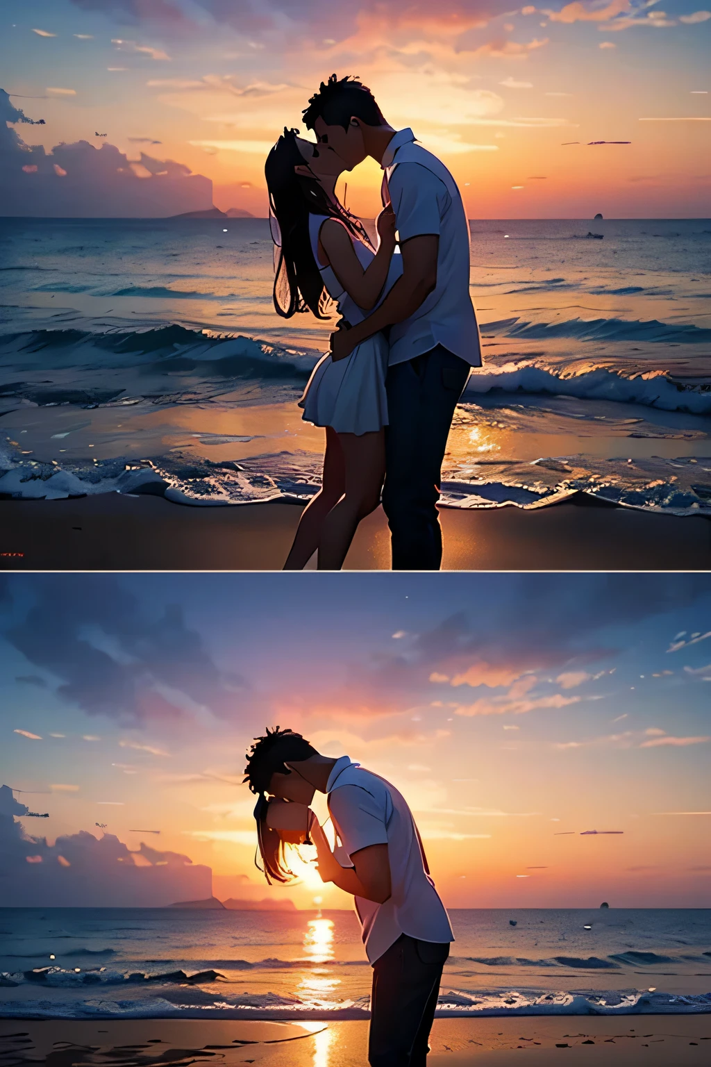 arafed couple kiss on the beach at sunset with the 太阳落山ting, gorgeous Romantic sunset, Romantic!!!, Romantic couple, Romantic, couple kiss, User photo, kiss, lovely kiss, with sunset, kiss together, under beautiful sunset